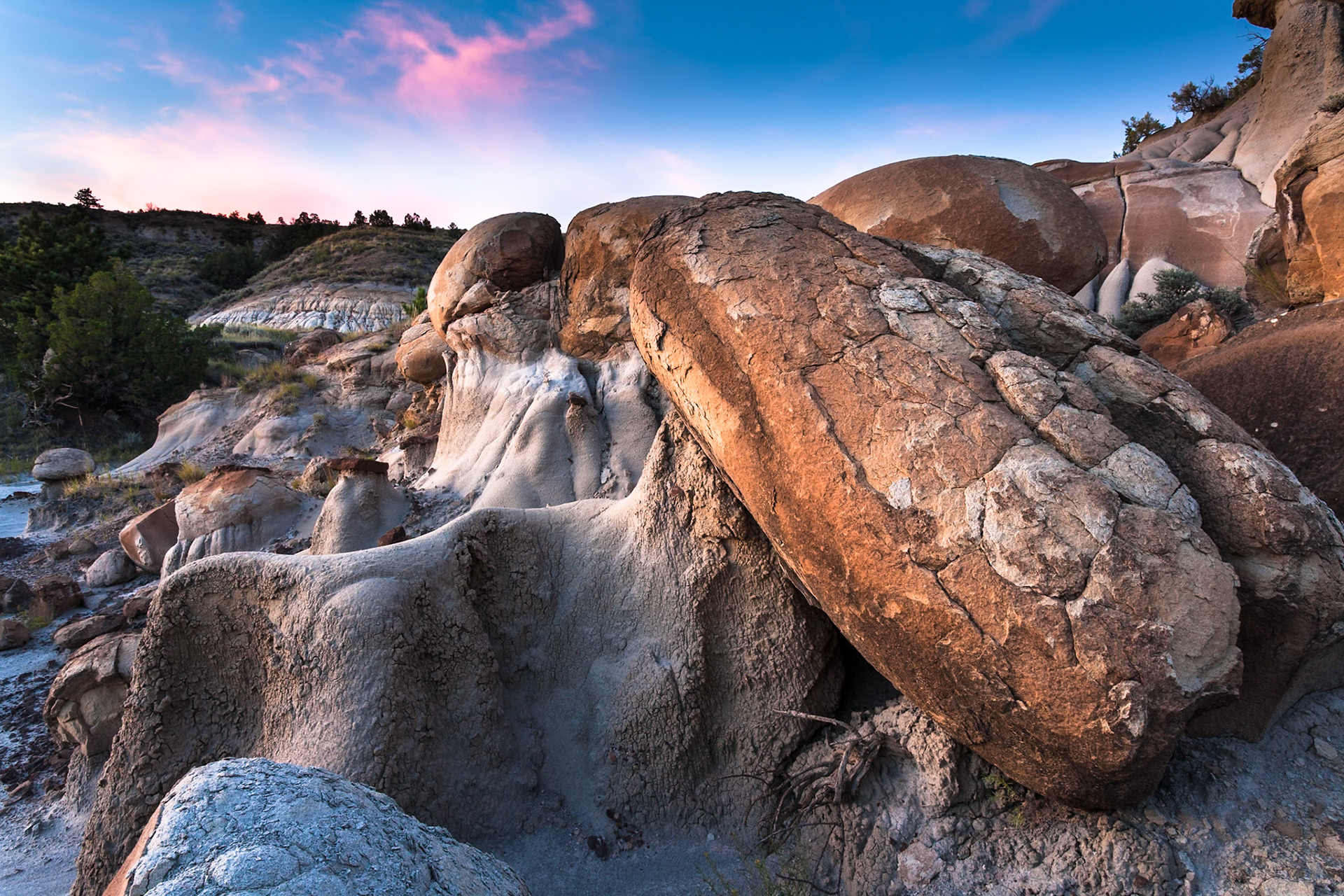 Beautiful erosions at Makoshika State Park, Montana, North America at sunset, USA
