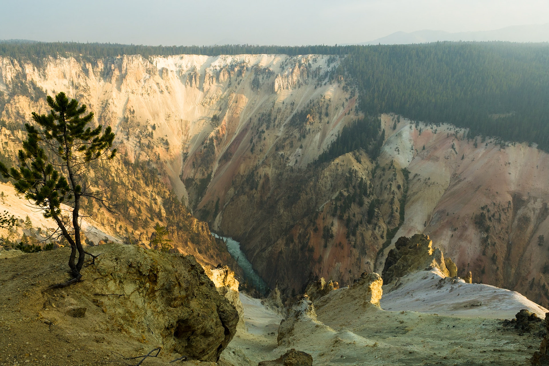 Sunrise in the Grand Canyon of Yellowstone National Park, Forest smoke, Wyoming
