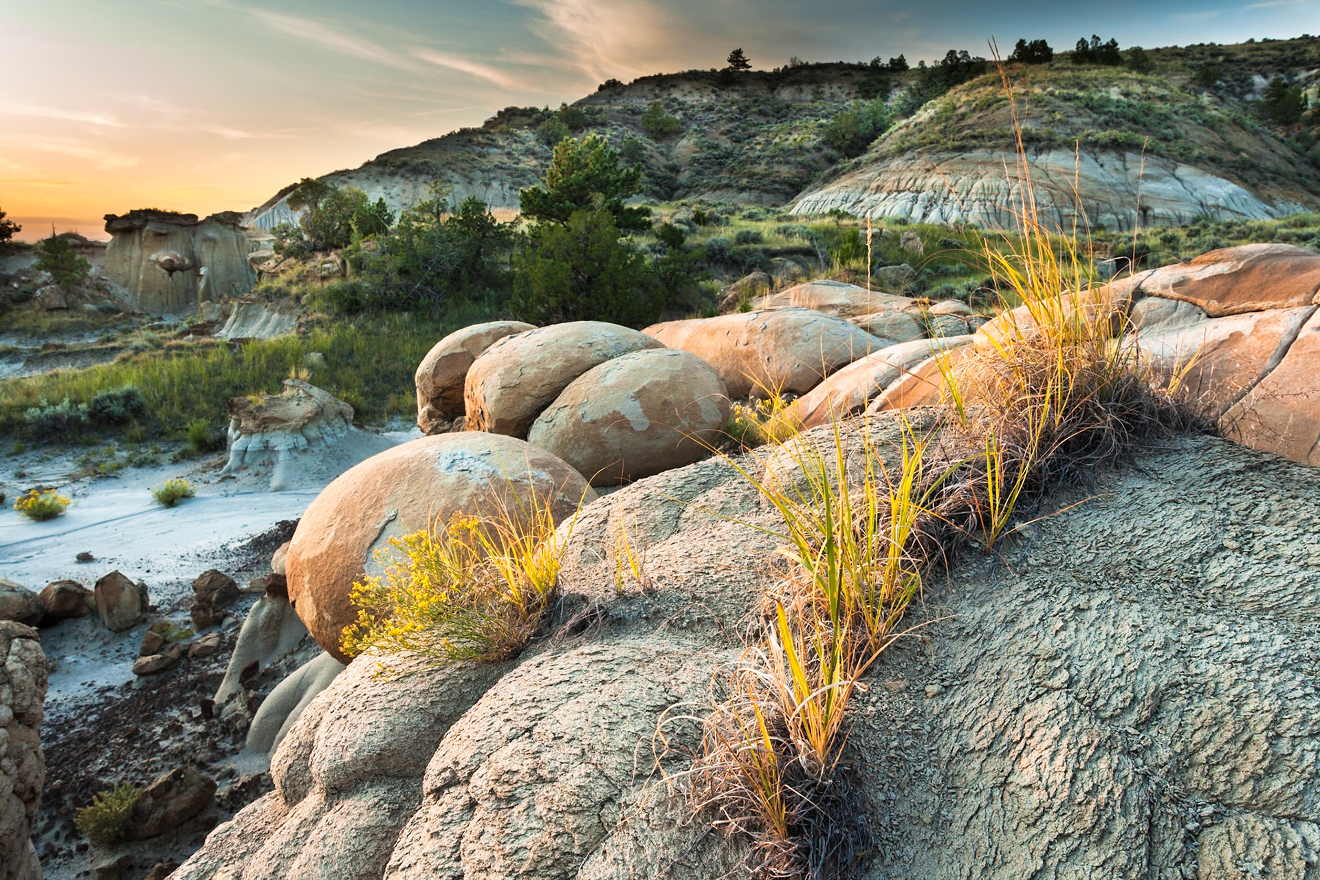 Beautiful erosions at Makoshika State Park, Montana, North America at sunset, USA