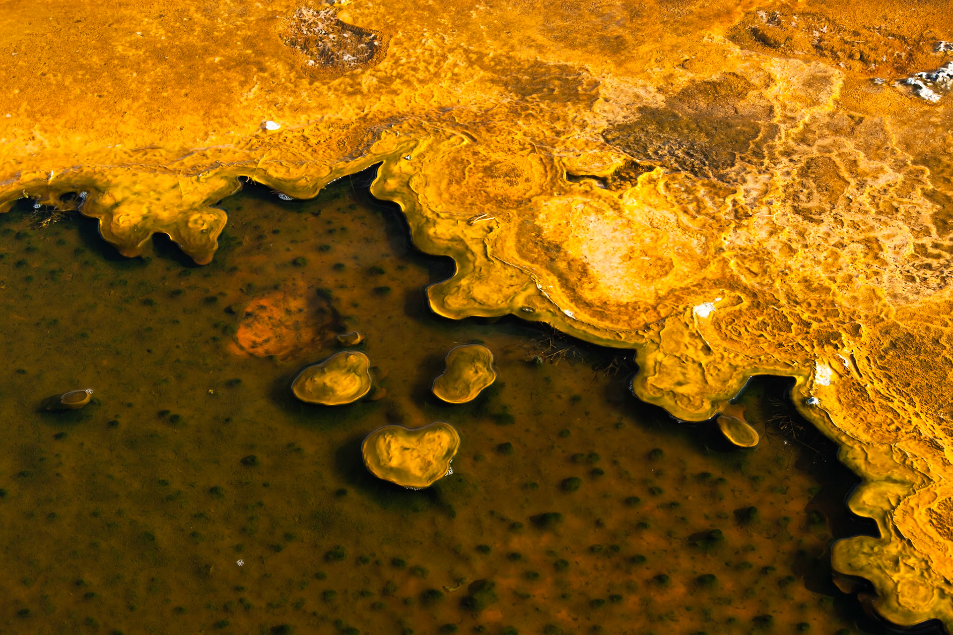 Sulfer makes graphic patterns at Upper Geyser Basin, Yellowstone Nat'l Park, WY, USA