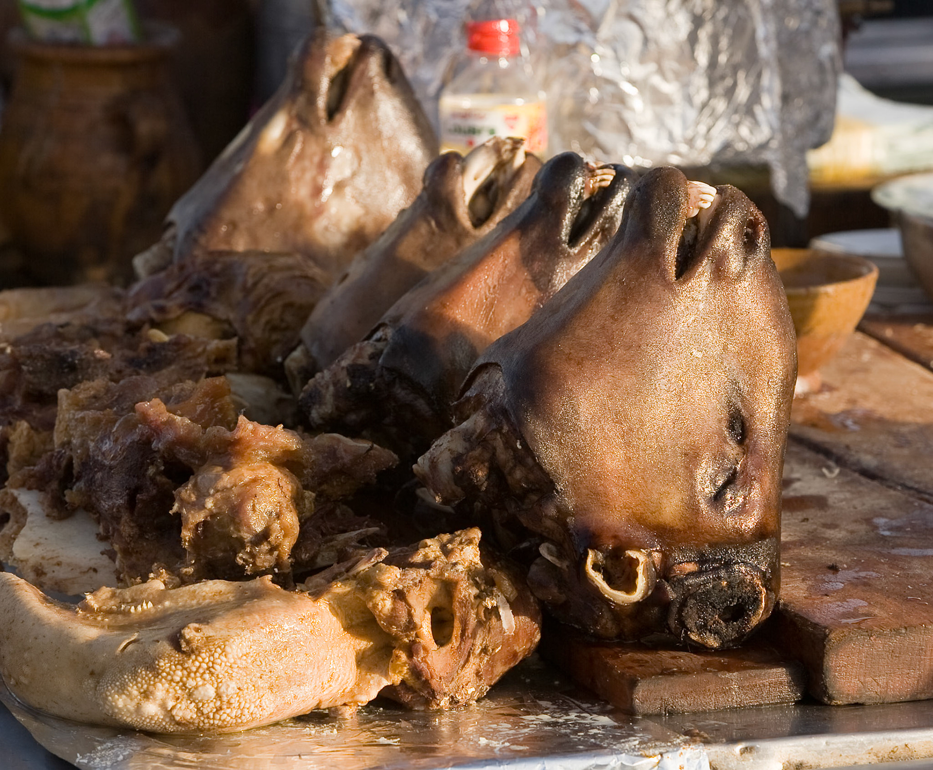 Sheep heads at Small restaurant at Place Djamaa El Fna at Marrakech, Morocco