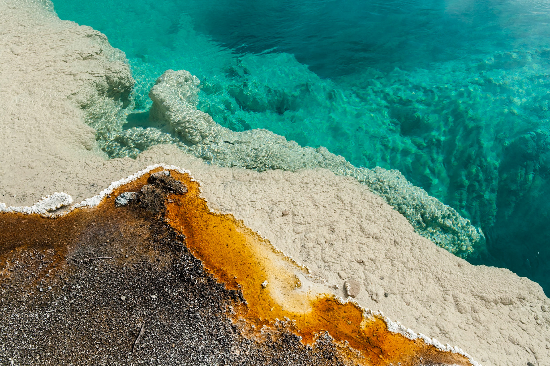 'Black Pool' has very clear greenish water yellow-gold border from sulfur at West Thumb Geyser Basin, Yellowstone Nat'l Park, WY, USA