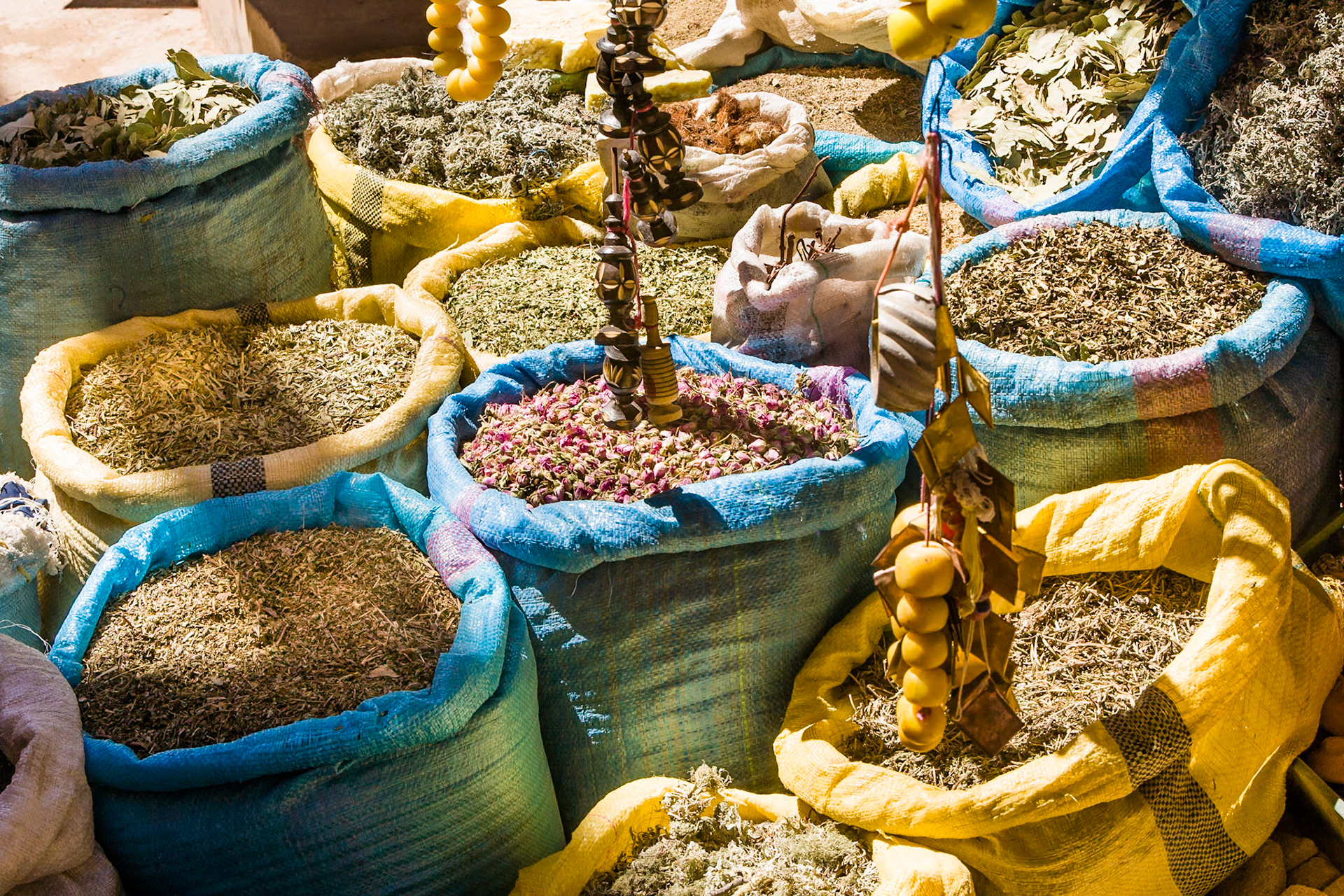 Herbs in big bags at the market at Tinerhir, Morocco