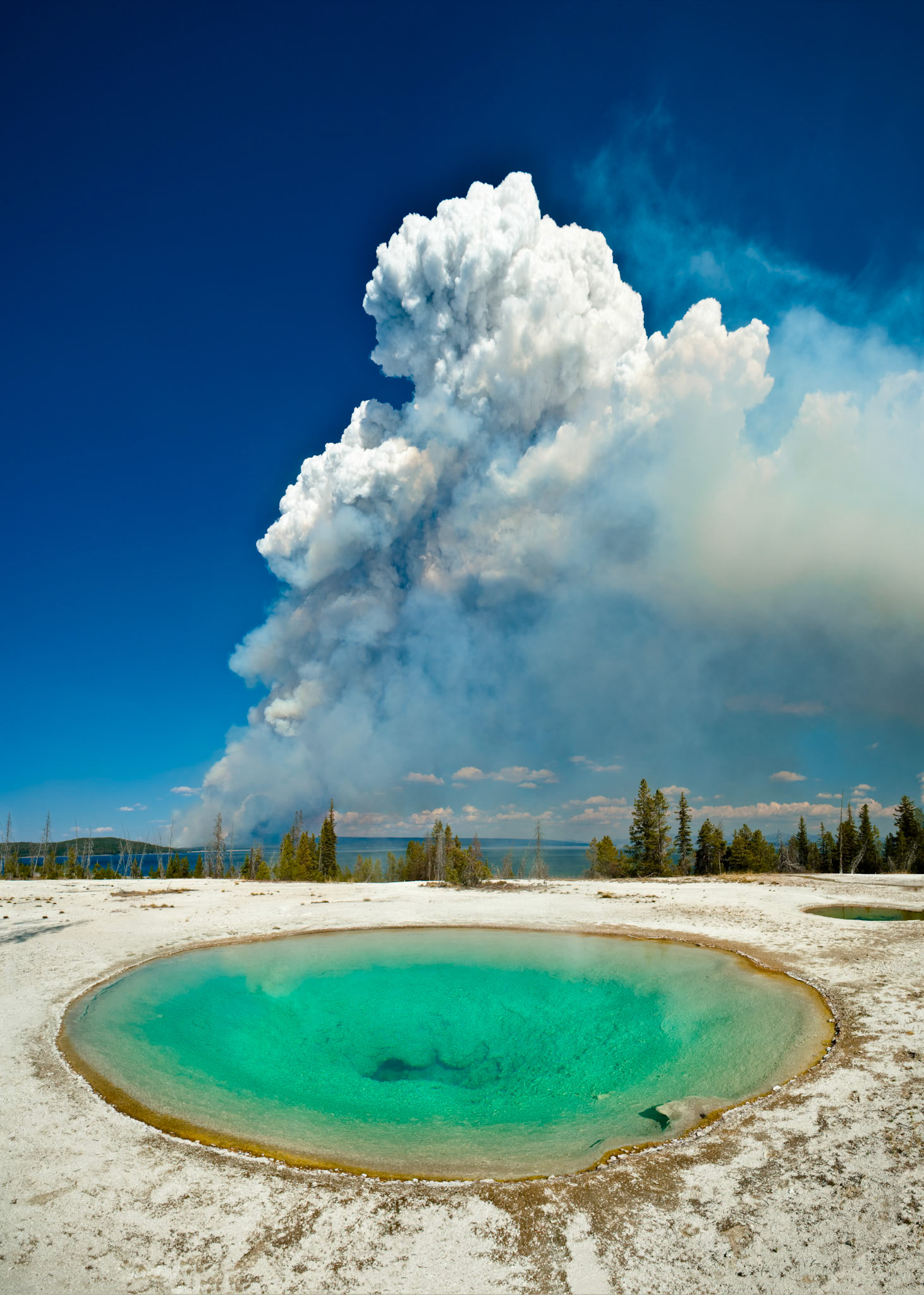 Cloud of Smoke from Forest Fire seen from Blue Funnel Spring, West Thumb Geyser Basin, Yellowstone Nat'l Park, Wyoming, USA