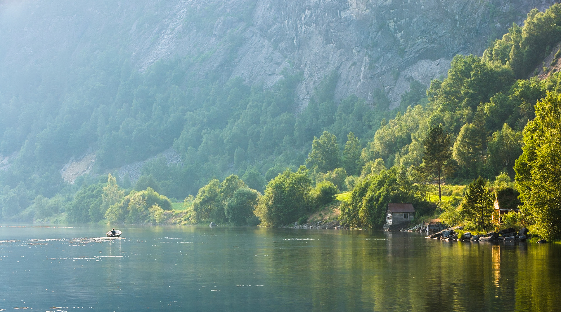 Boat houses at Straume at 569 at Bolstadfjorden