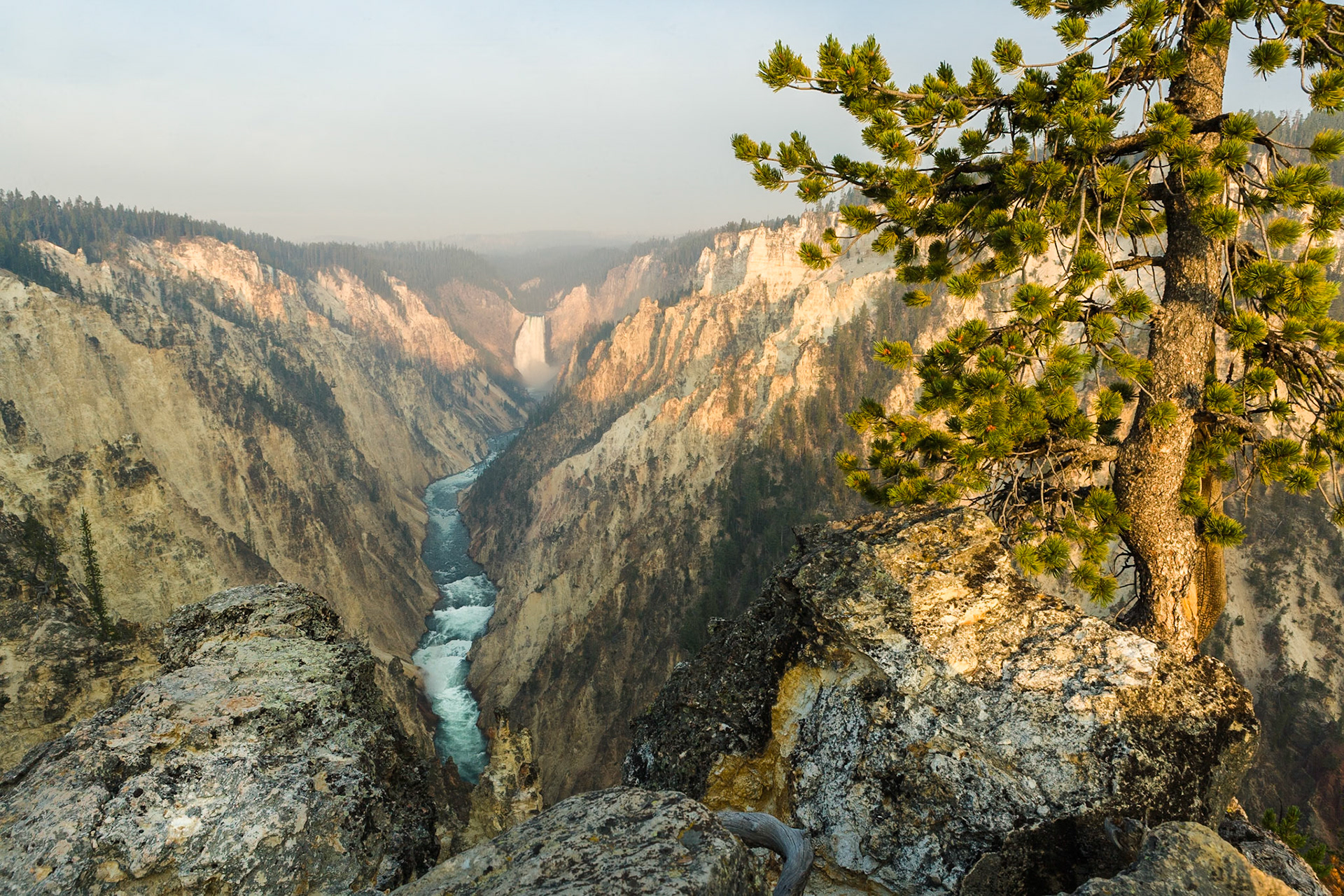 Sunrise through the smoke of forest fire in the Grand Canyon of Yellowstone National Park, Wyoming, USA