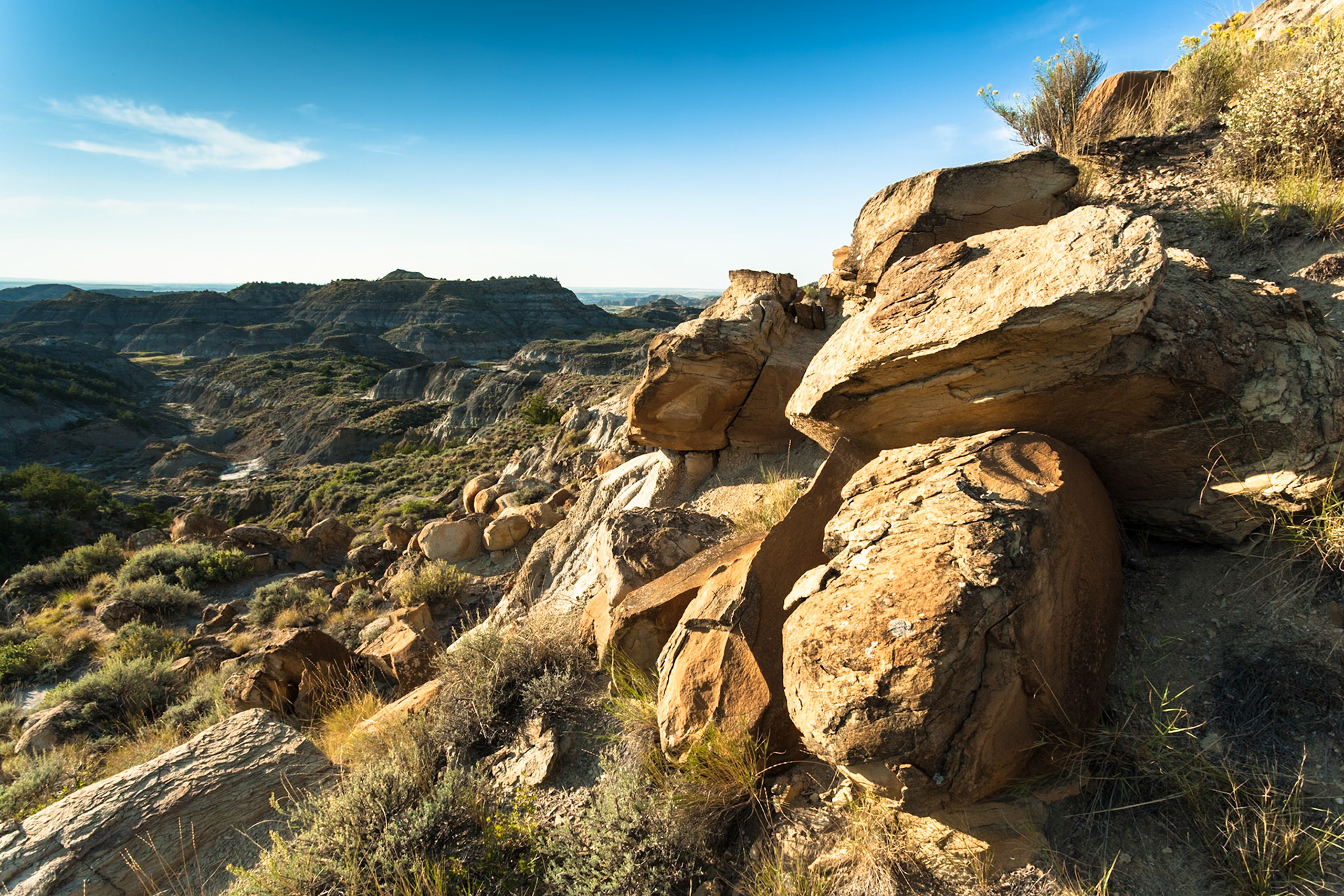 Erosion at Makoshika State Park at sunset, Montana, North America, USA