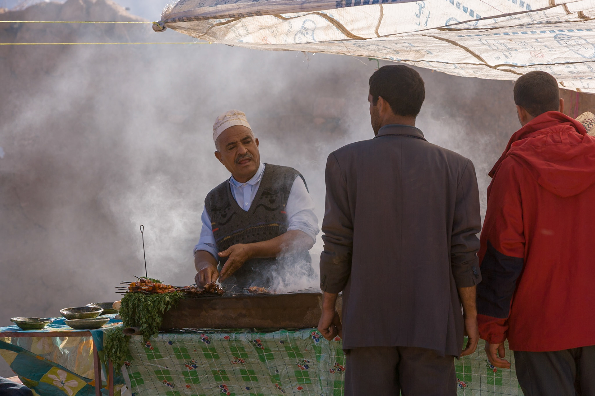Barbequed Meat on pins for sale at market at the village of AGDZ