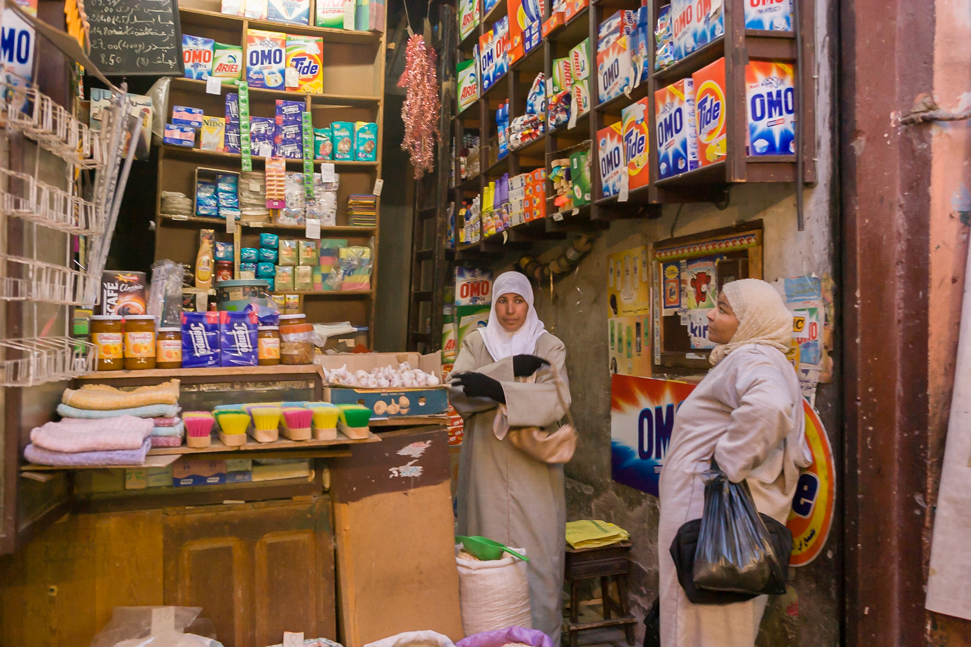 Shop selling detergents at Souk at the city of  Marrakech