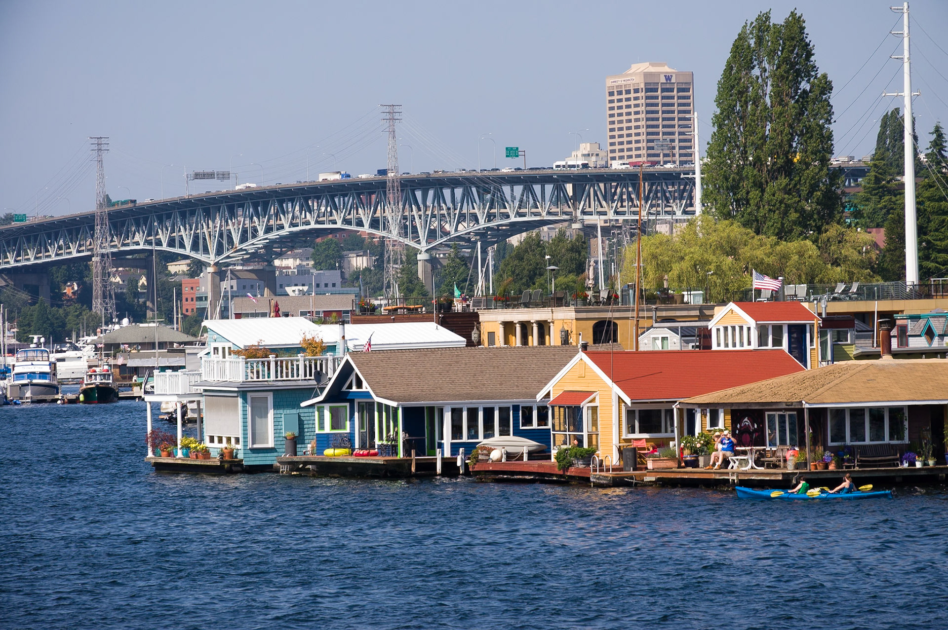 Houseboats in Seattle with a bridge in the background, WA, USA