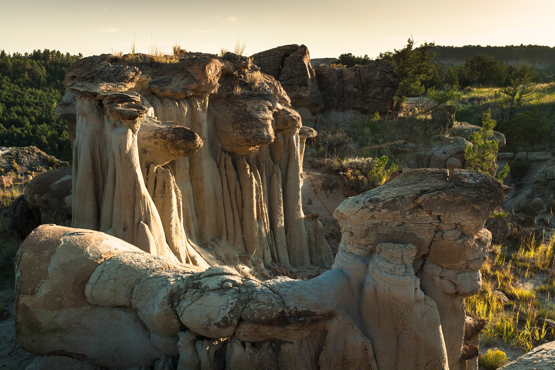 Hoodoos at Makoshika State Park, Montana, North America at sunset, MT, USA