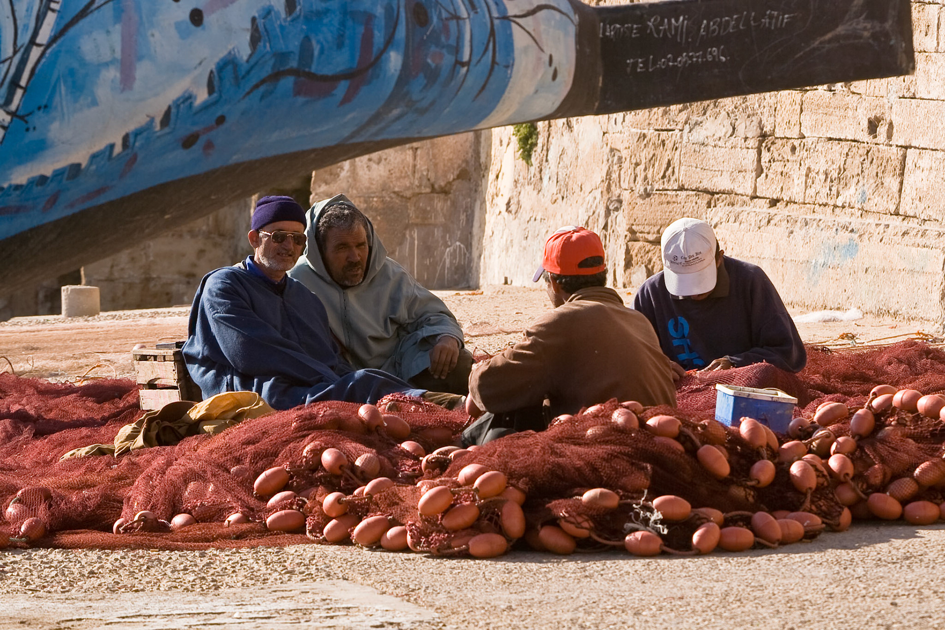 Men working at fishing nets at Essaouira