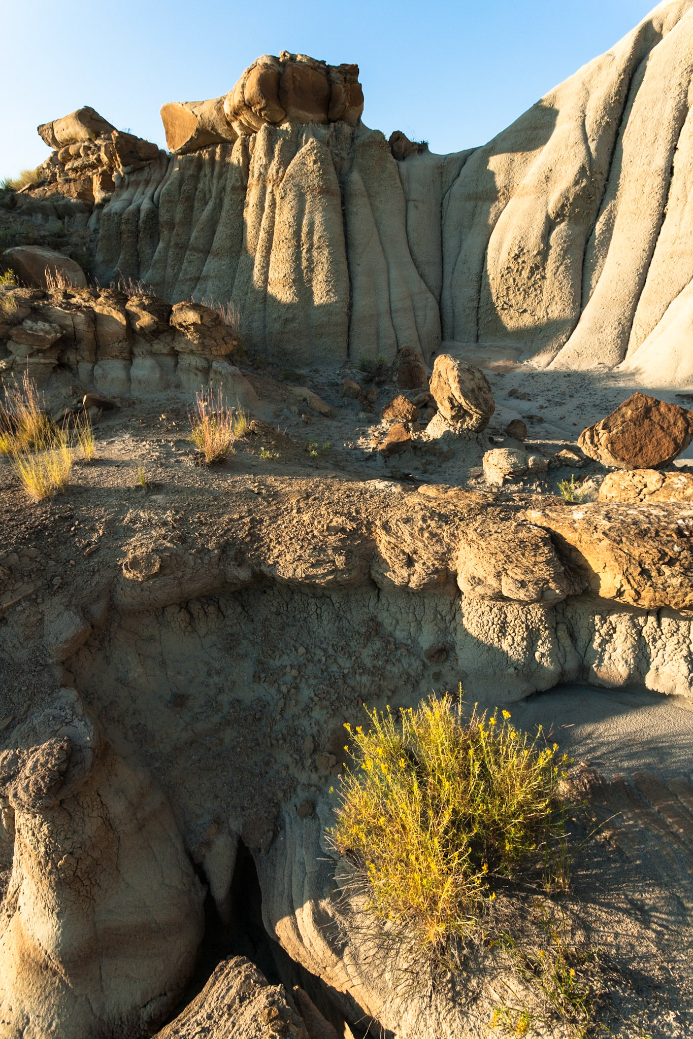 Hoodoos at Makoshika State Park at sunset, Montana, North America, USA