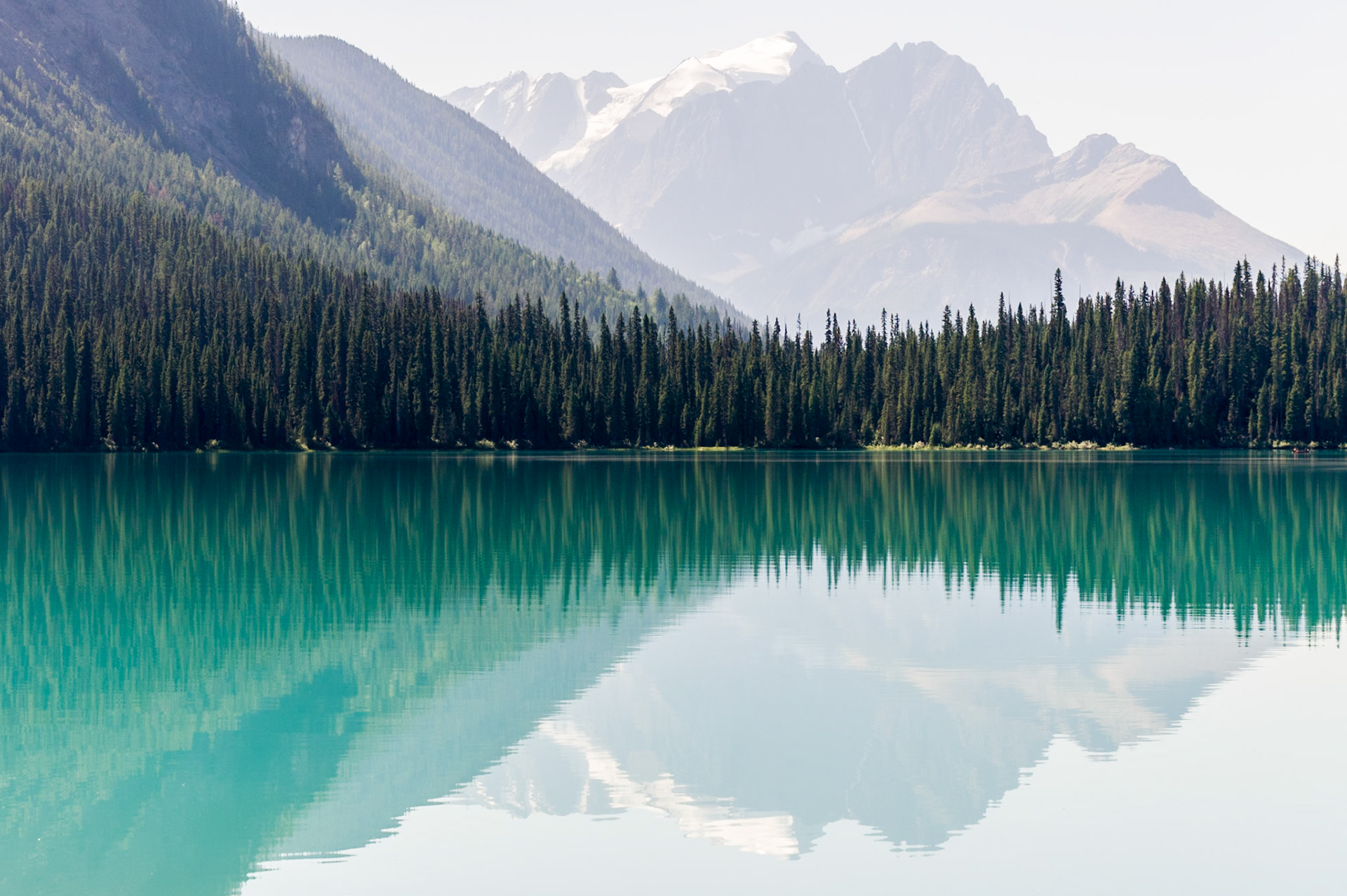 Mountains reflect in Emerald Lake, Yoho National Park, BC, CA