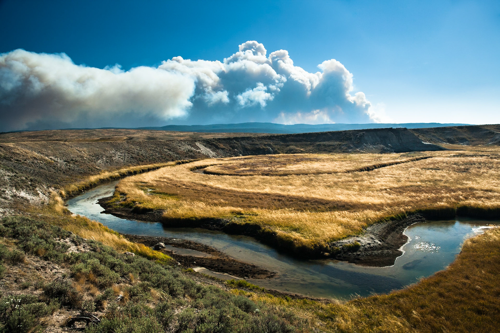 Forest Fire Smoke at the horizon of Hayden Valley at Trout Spring, Yellowstone National Park, WY, USA