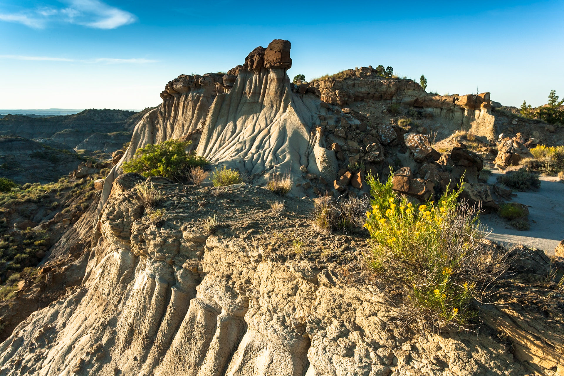 Hoodoos at Makoshika State Park at sunset, Montana, North America, USA