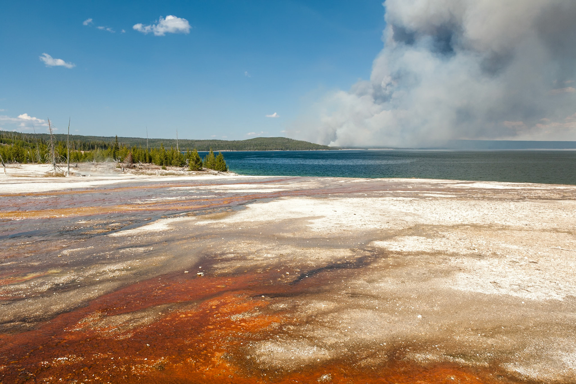 Smoke from Forest Fire seen from West Thumb Geyser Basin, Yellowstone Nat'l Park, WY, USA