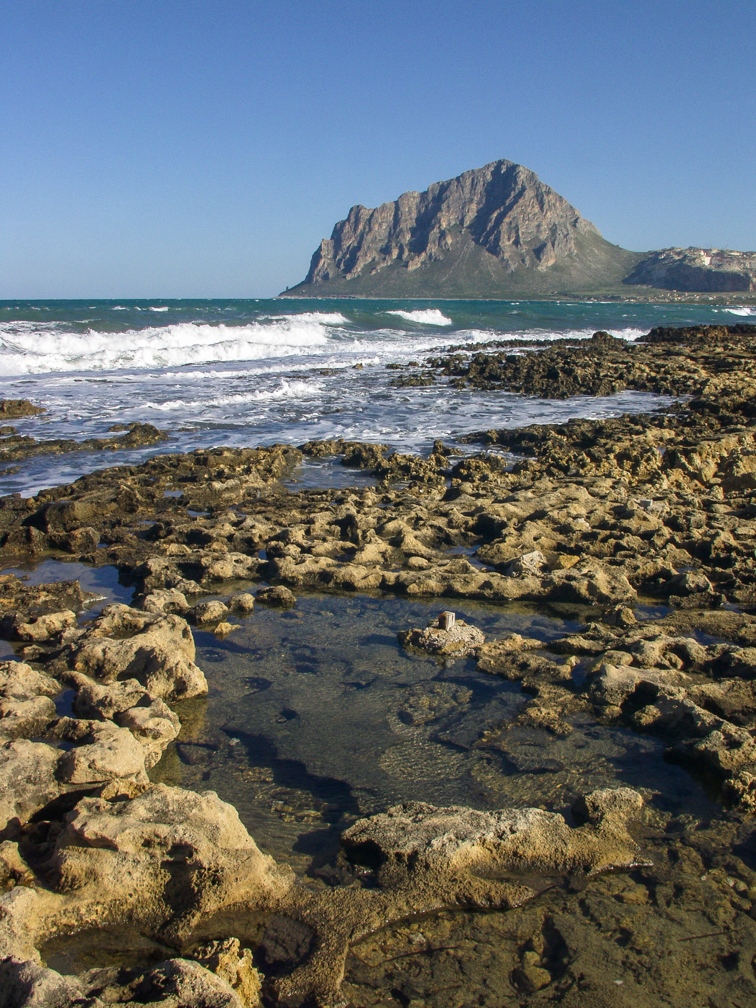 Lido di Valderice and mount Cofano at the Mediterranean sea, Sicily, Italy