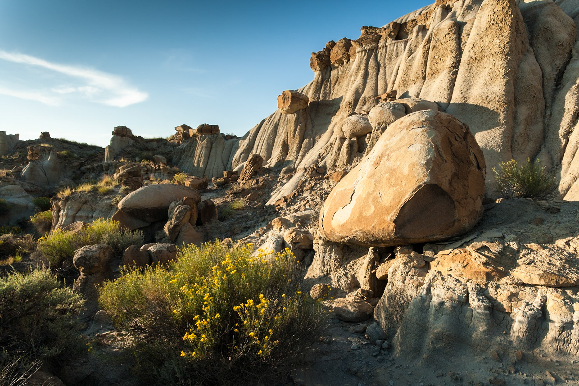 Erosion at Makoshika State Park at sunset, Montana, North America, USA