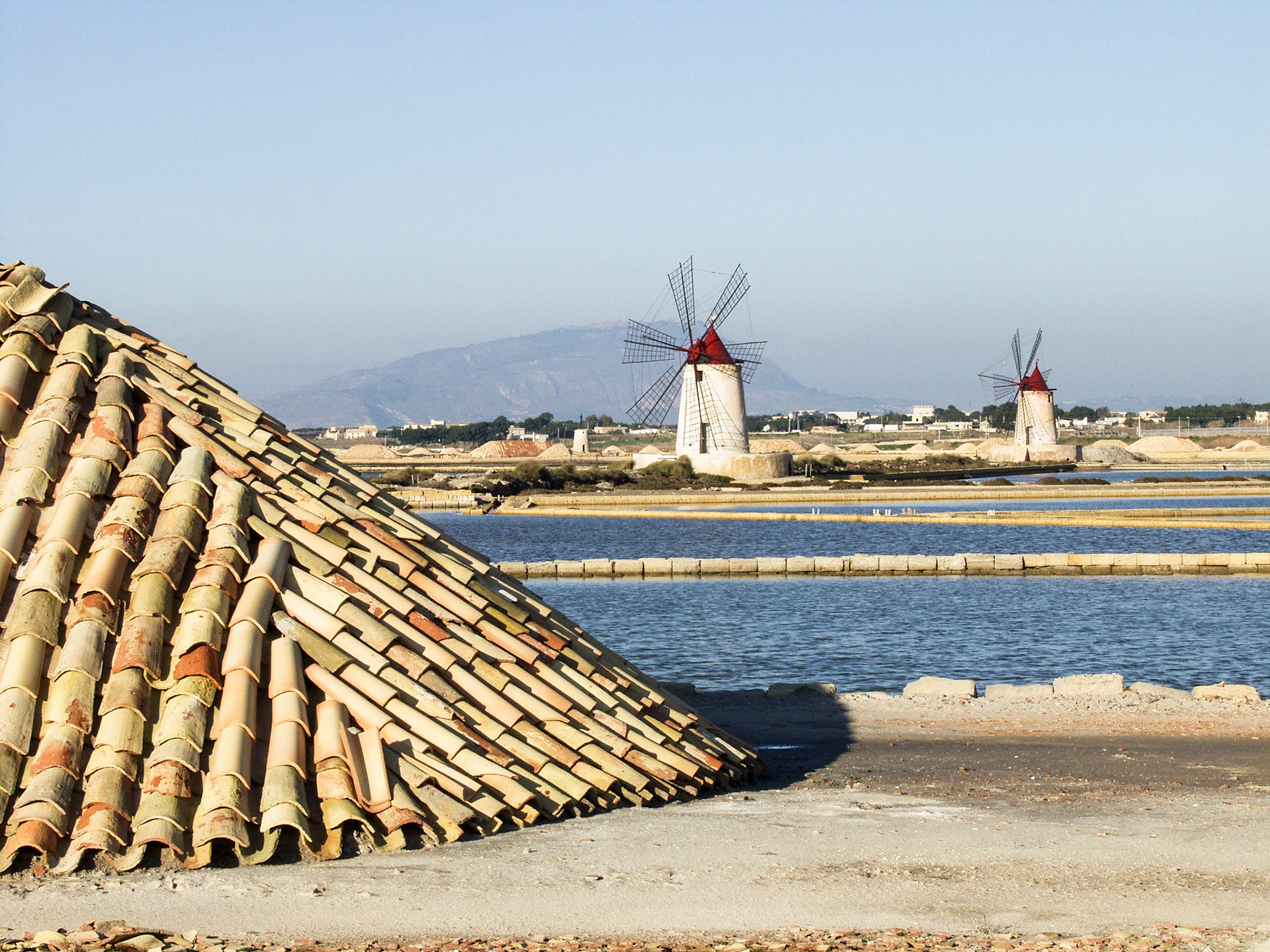 Mill at sea salt plant at Saline-Mozia, Sicily, Italy
