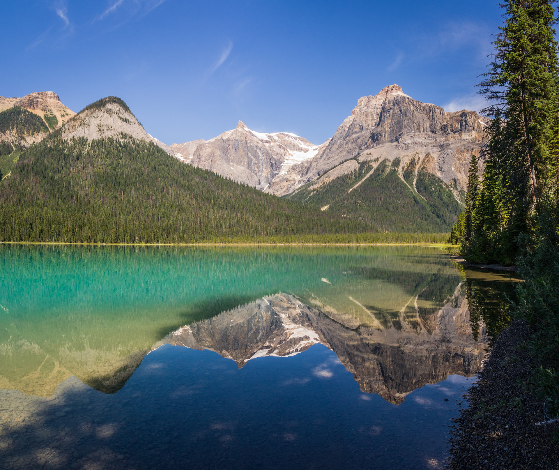 Mountains reflect in Emerald Lake, Yoho National Park, BC, CA