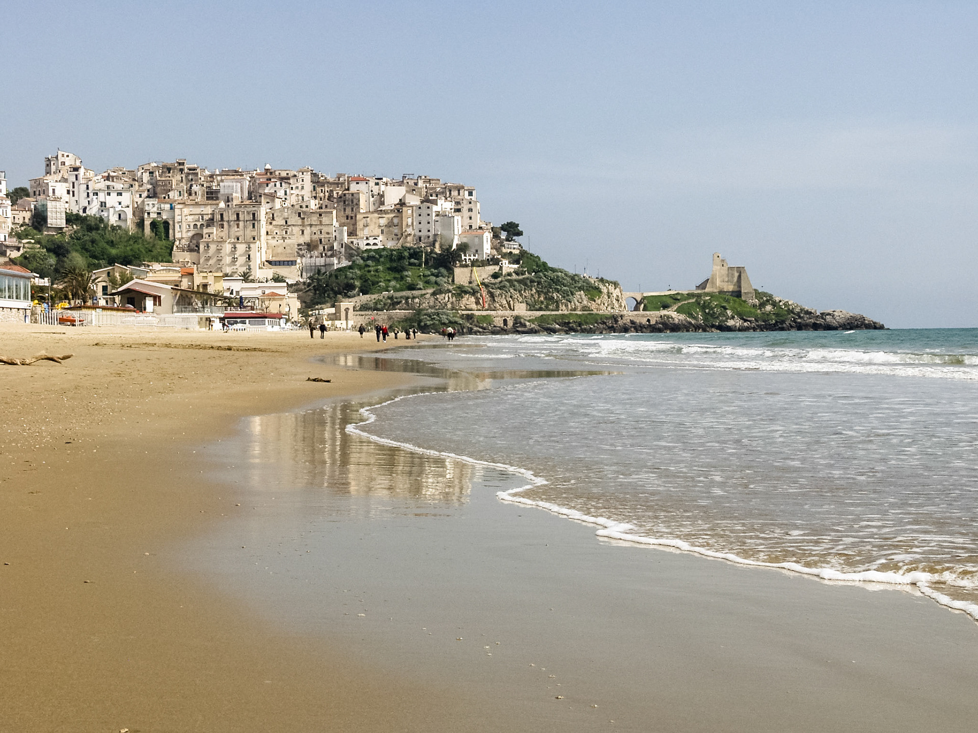 Beach and city of Sperlonga at the coast of  Mediterranean sea, Latina, Italy