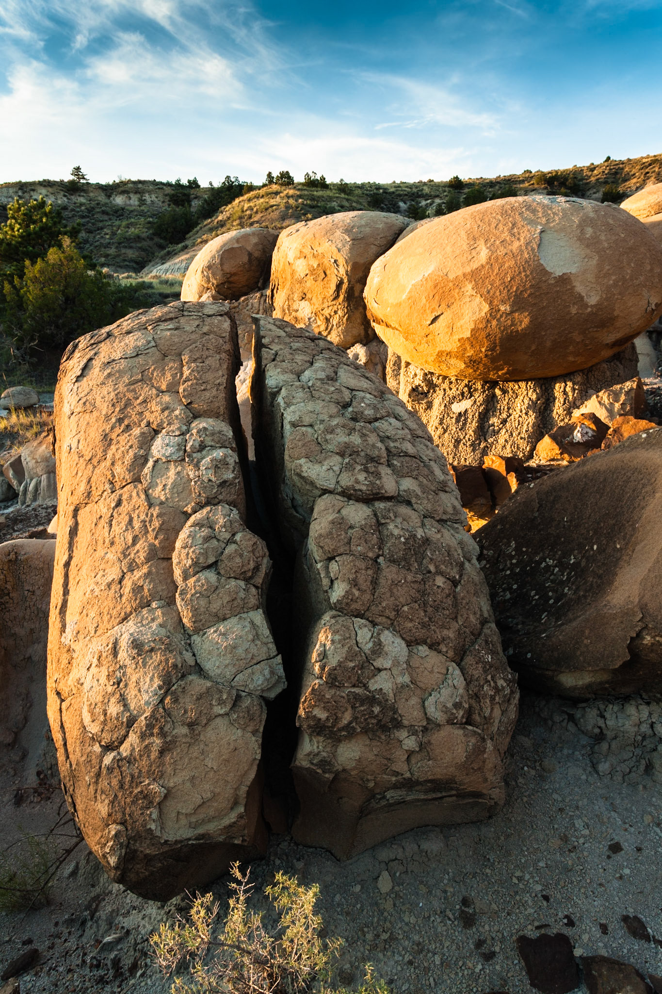 Beautiful erosions at Makoshika State Park, Montana, North America at sunset, USA