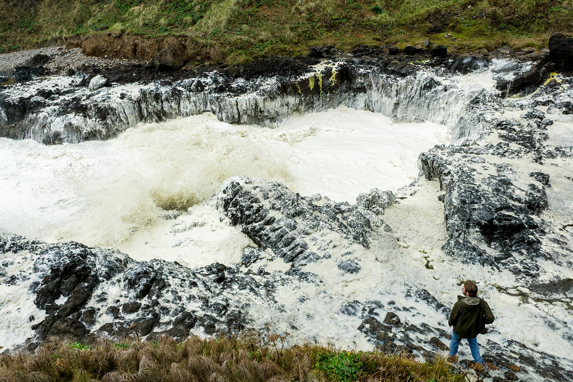 Devil's Churn at the coast of Oregon, Hwy 101, on a foggy day, OR, USA