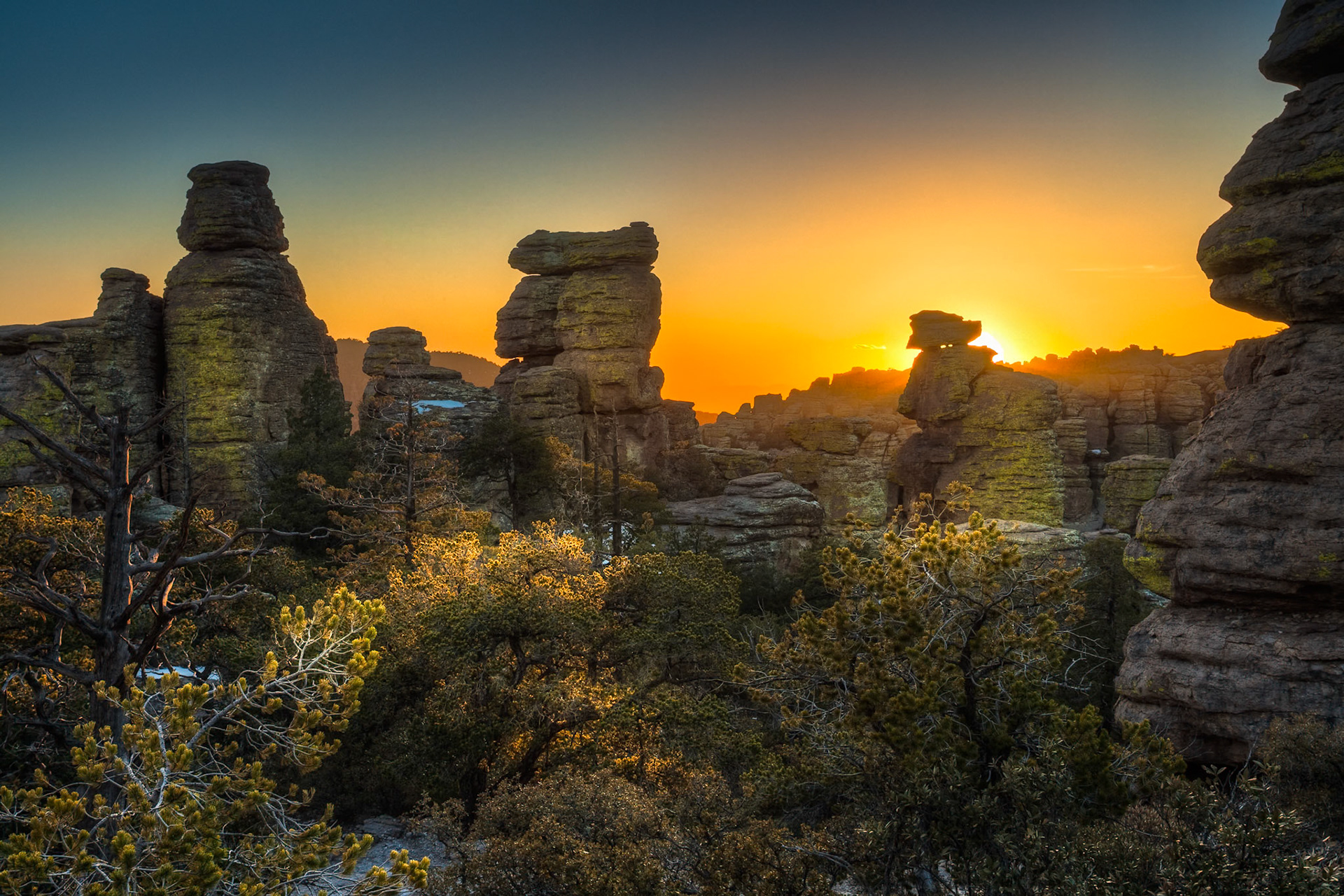 Rock formations at sunset in Chiricahua National Monument, Arizona, USA