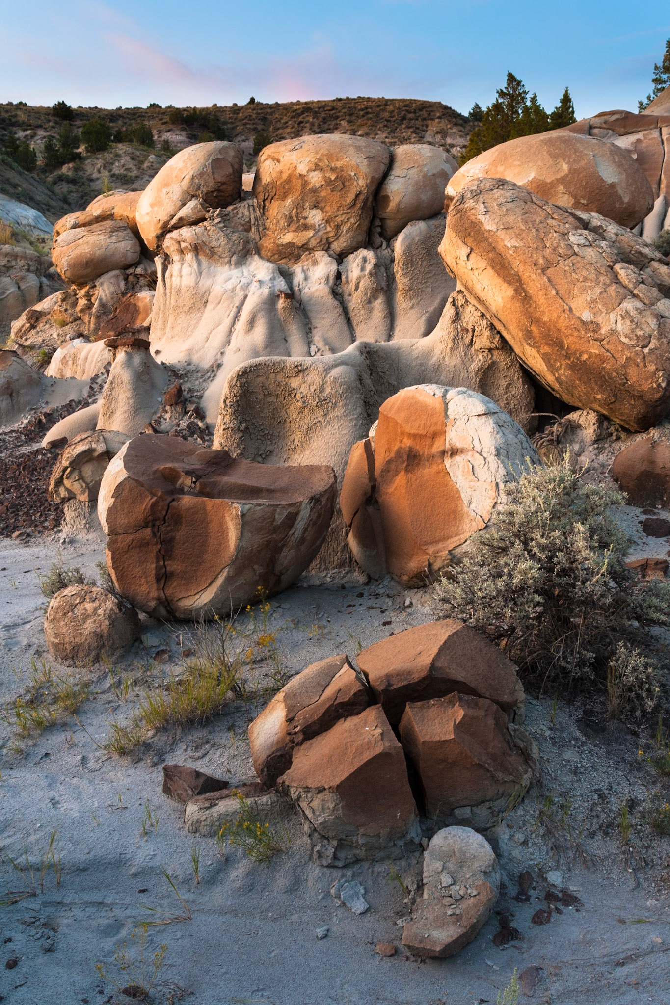 Beautiful erosions at Makoshika State Park, Montana, North America at sunset, USA