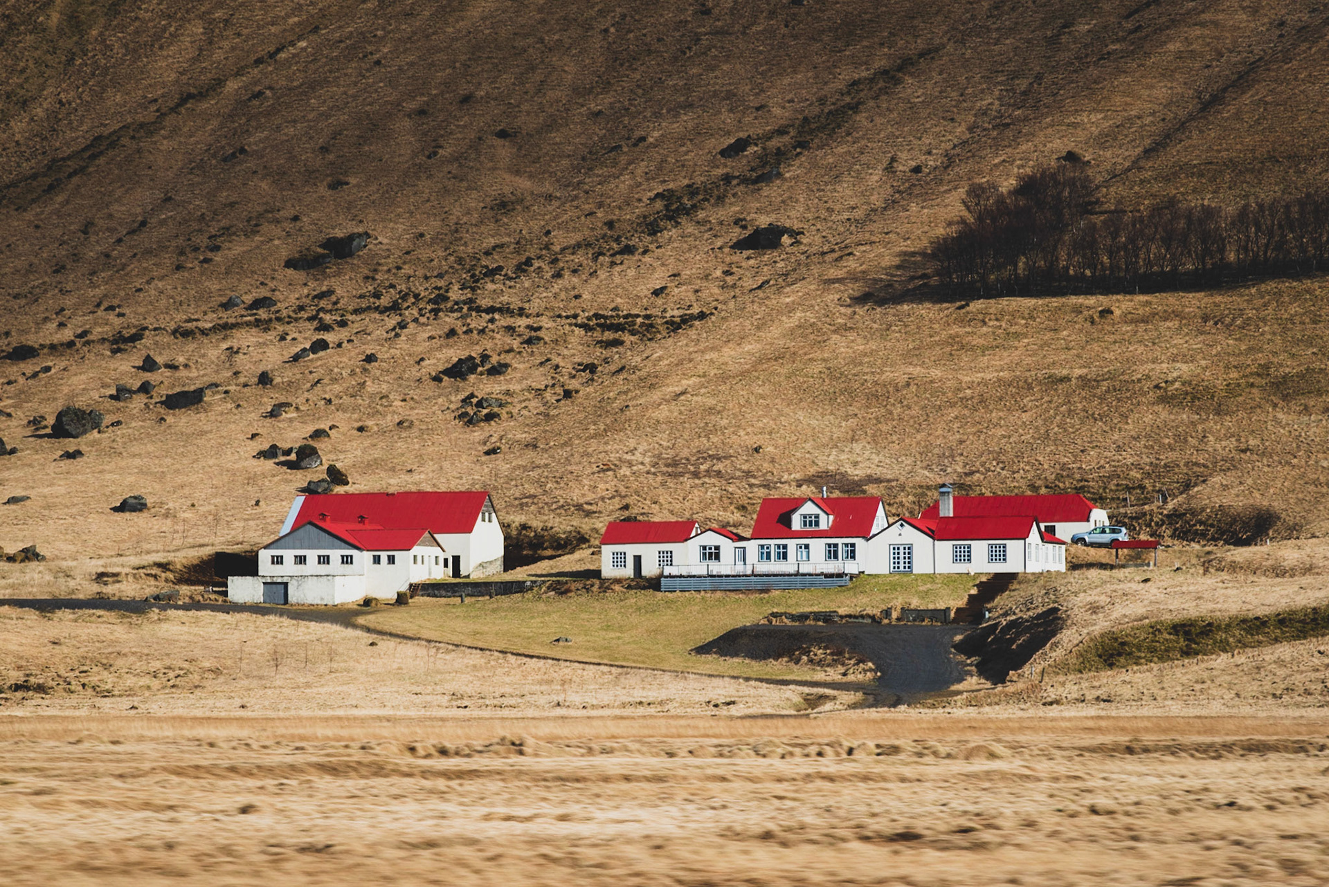 Icelandic farm, shot through a window of a moving car
