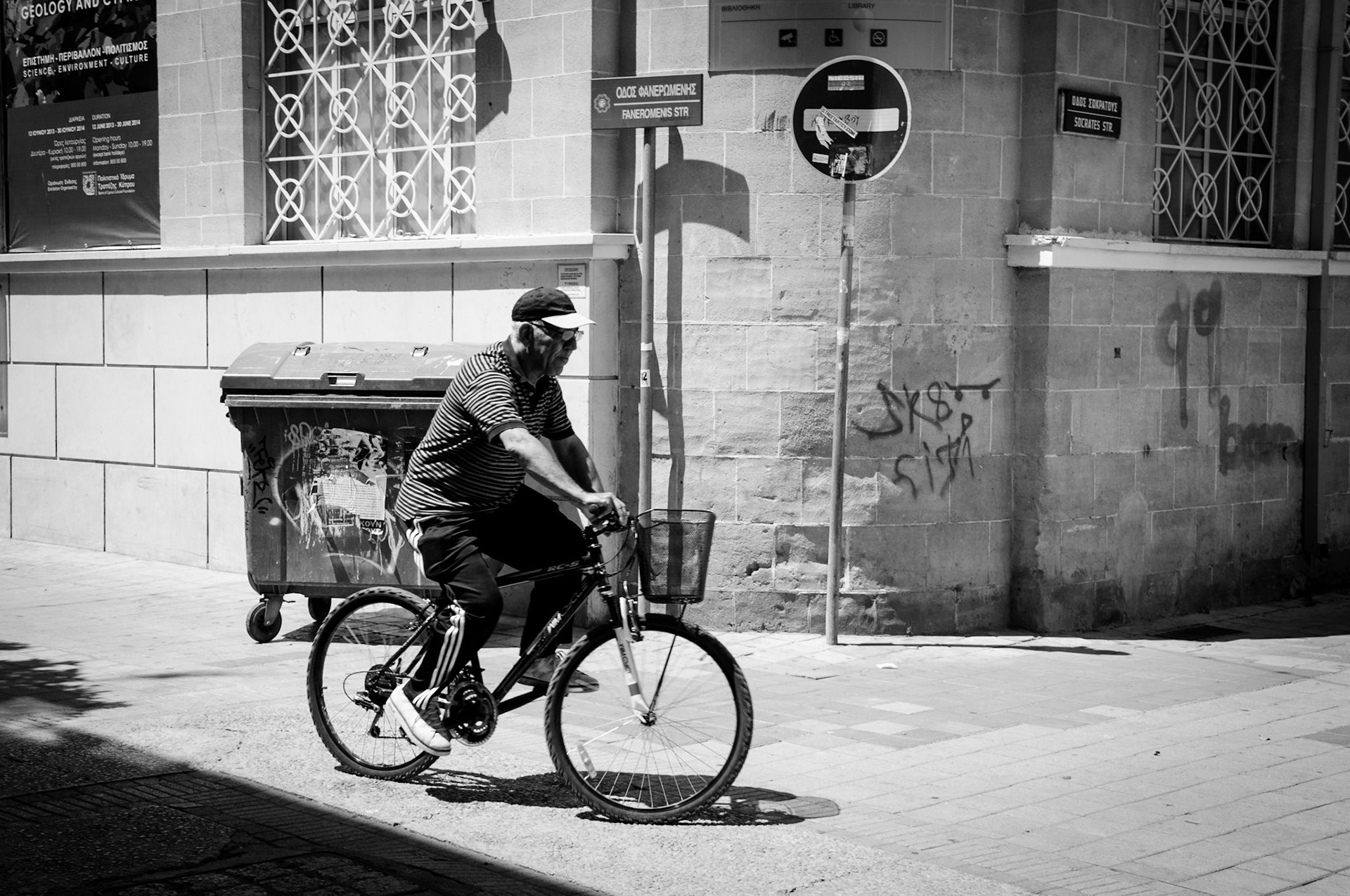 Old man riding his bike in Old Nicosia, Cyprus