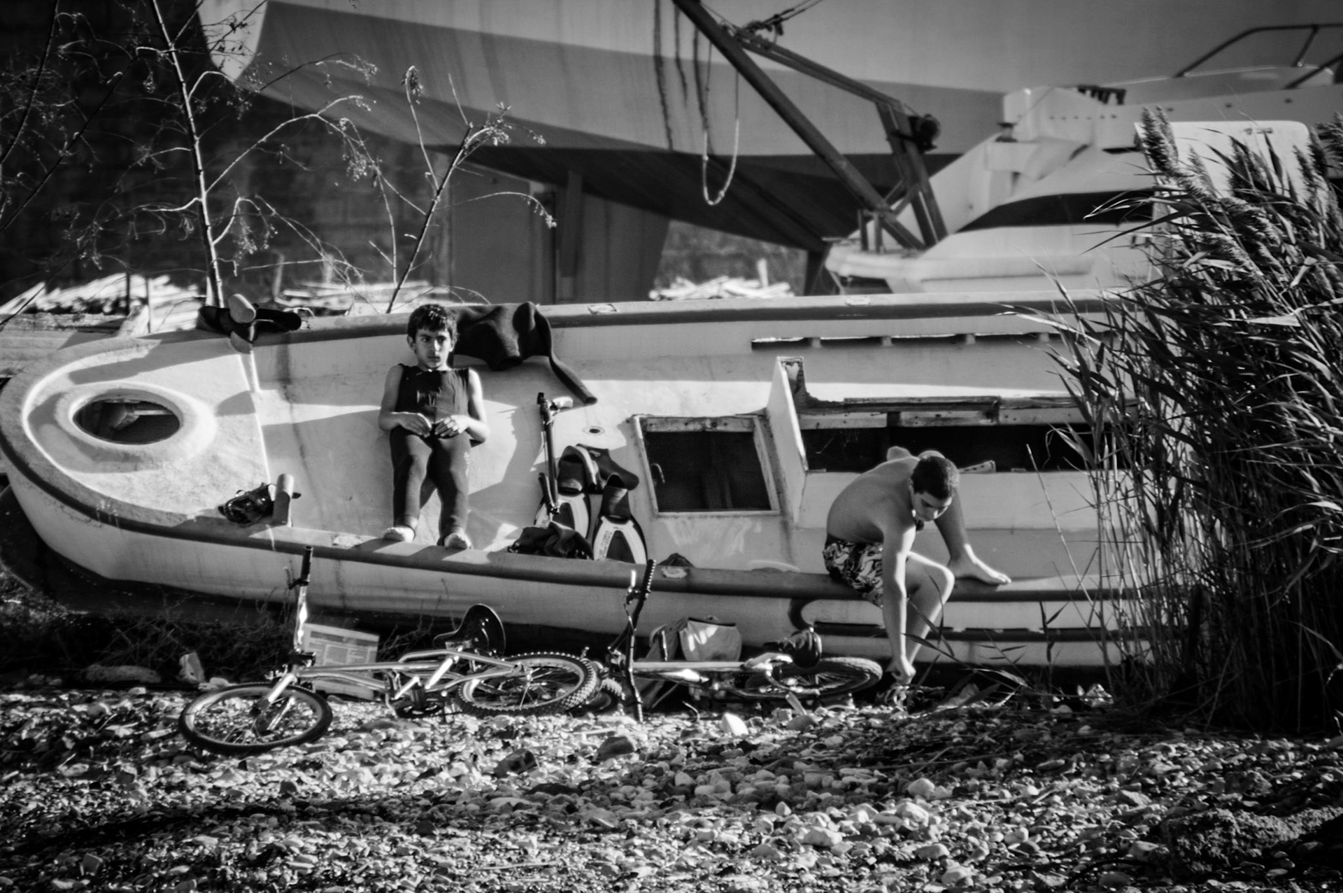 Kids ready to dive at the dockyards in Limassol, Cyprus