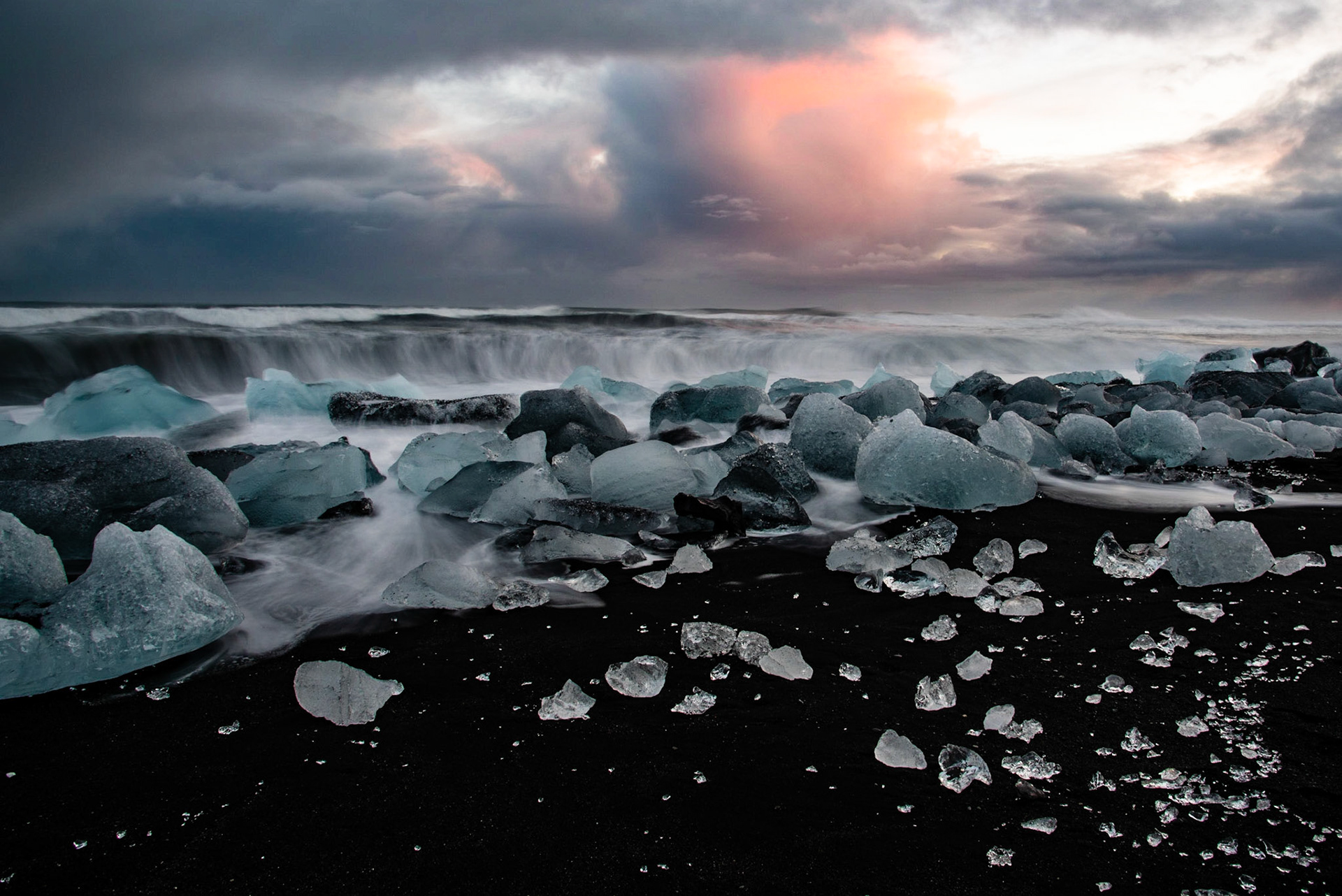 Ice pieces washed ashore the Diamond Beach (Jokulsarlon) in Iceland