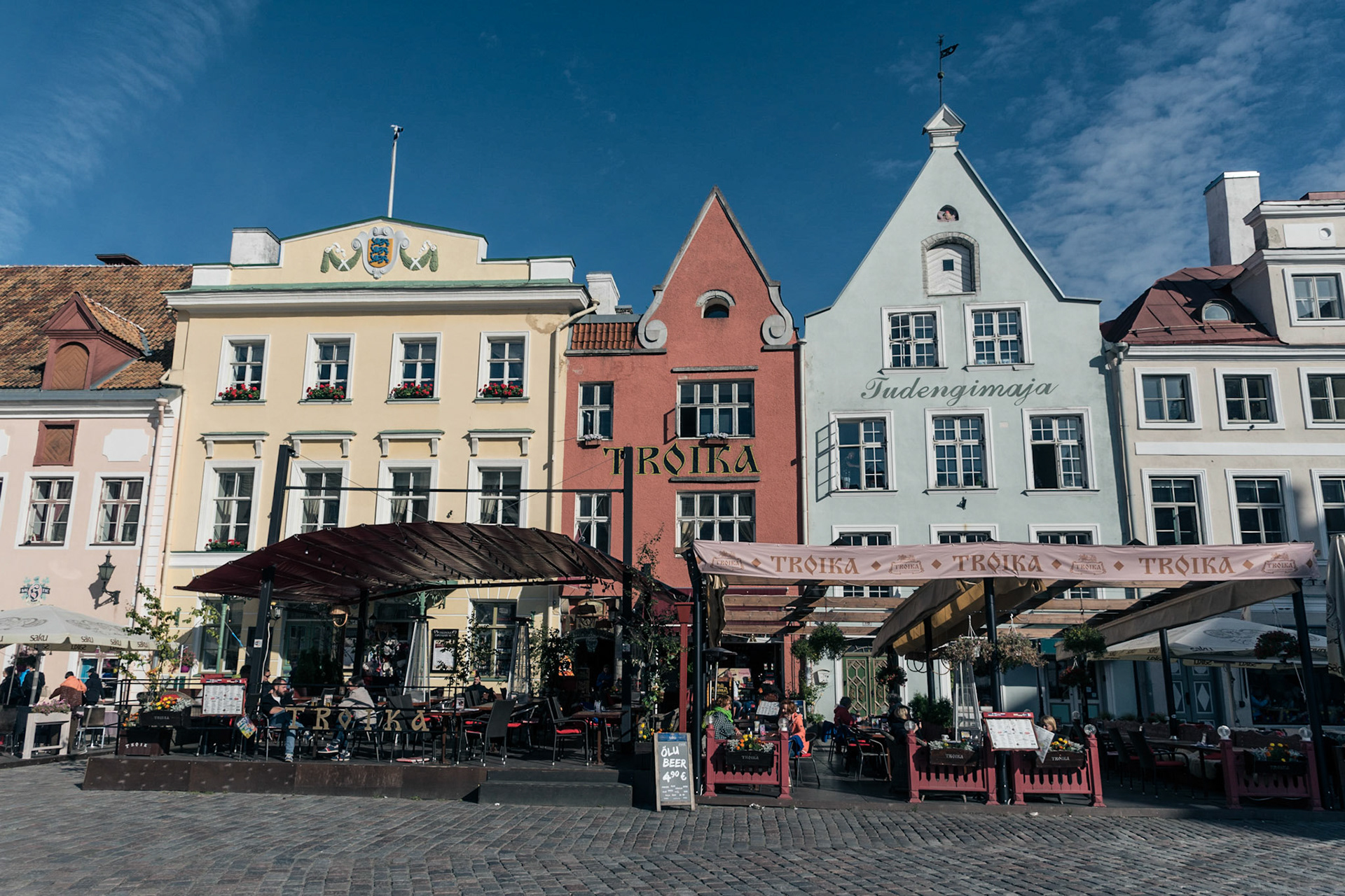 Picturesque houses in the Town Hall Square in Old Tallinn, Estonia