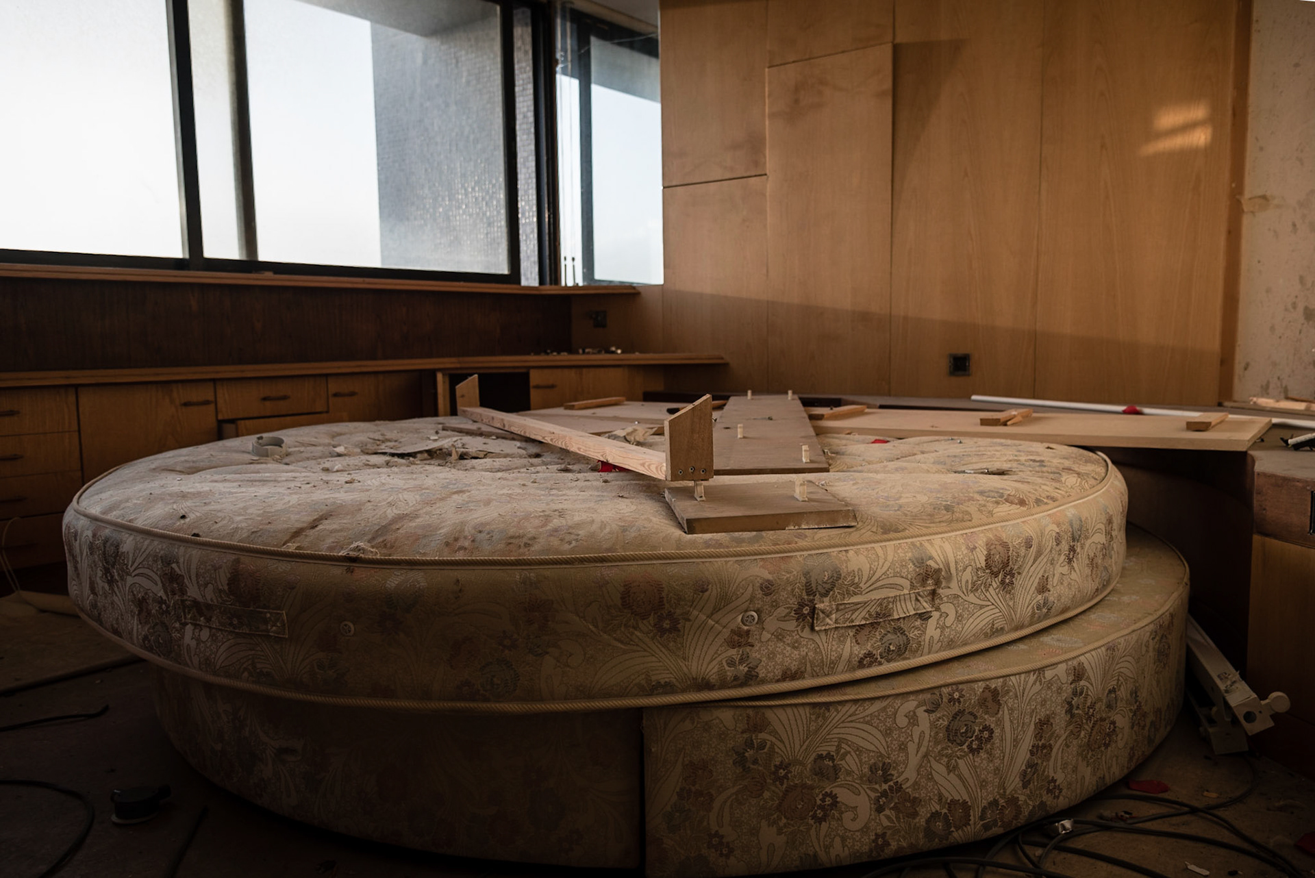 The round bed of one of the suites in an abandoned hotel in Nicosia, Cyprus