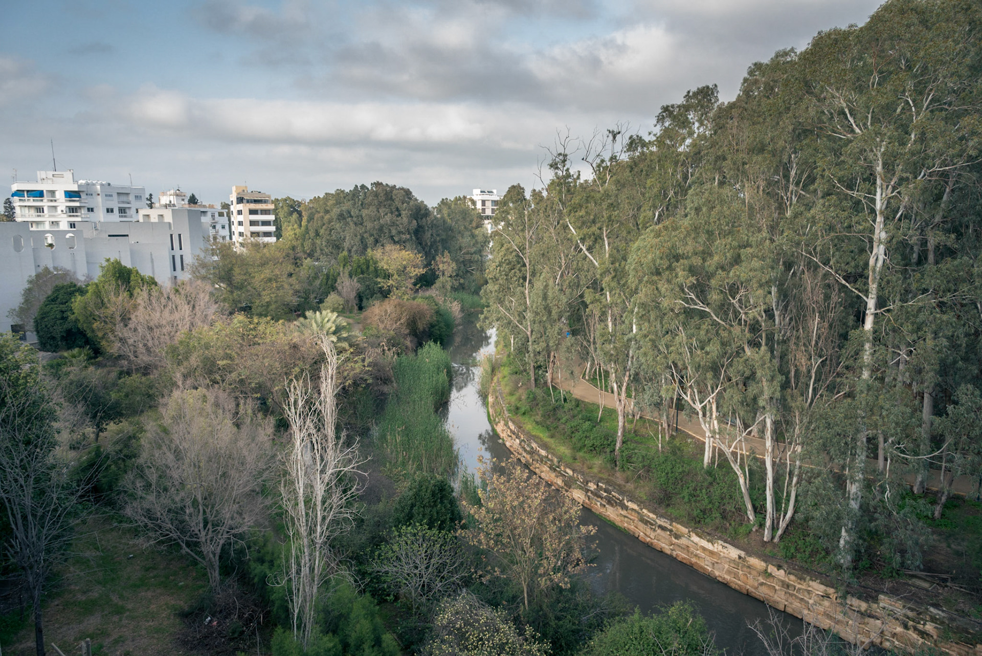 View of the Pedieos river from one of the balconies of an abandoned hotel in Nicosia