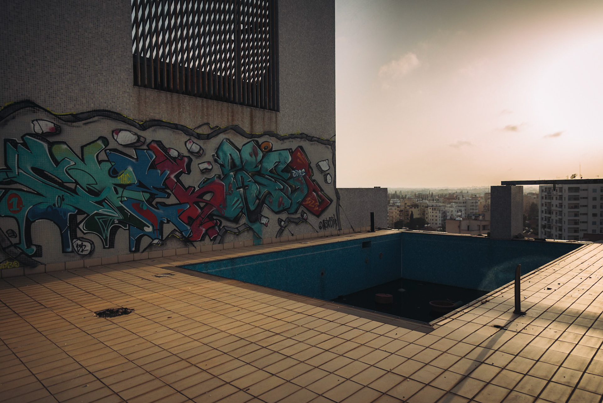 The swimming pool on the roof of an abandoned hotel in Nicosia, Cyprus
