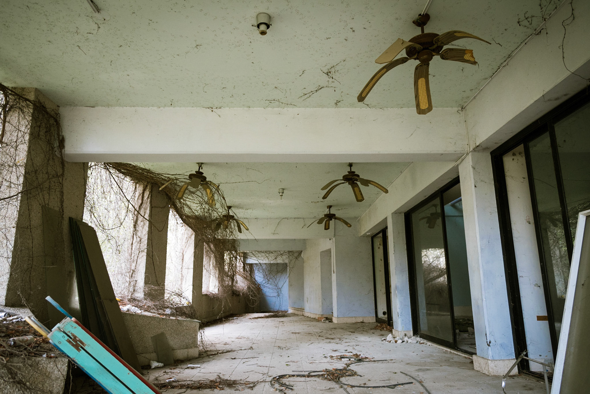 The terrace of the abandoned hotel overlooking the park