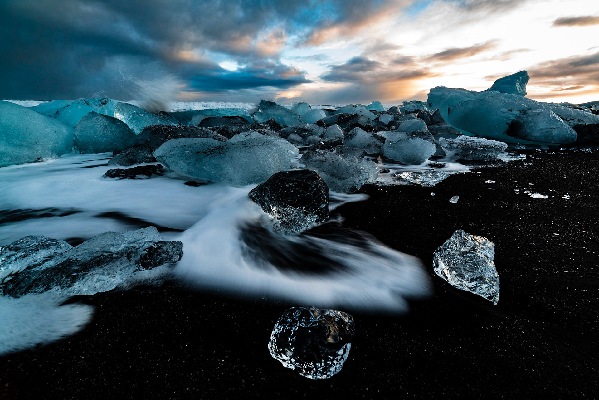 Ice pieces washed ashore the Diamond Beach (Jokulsarlon) in Iceland