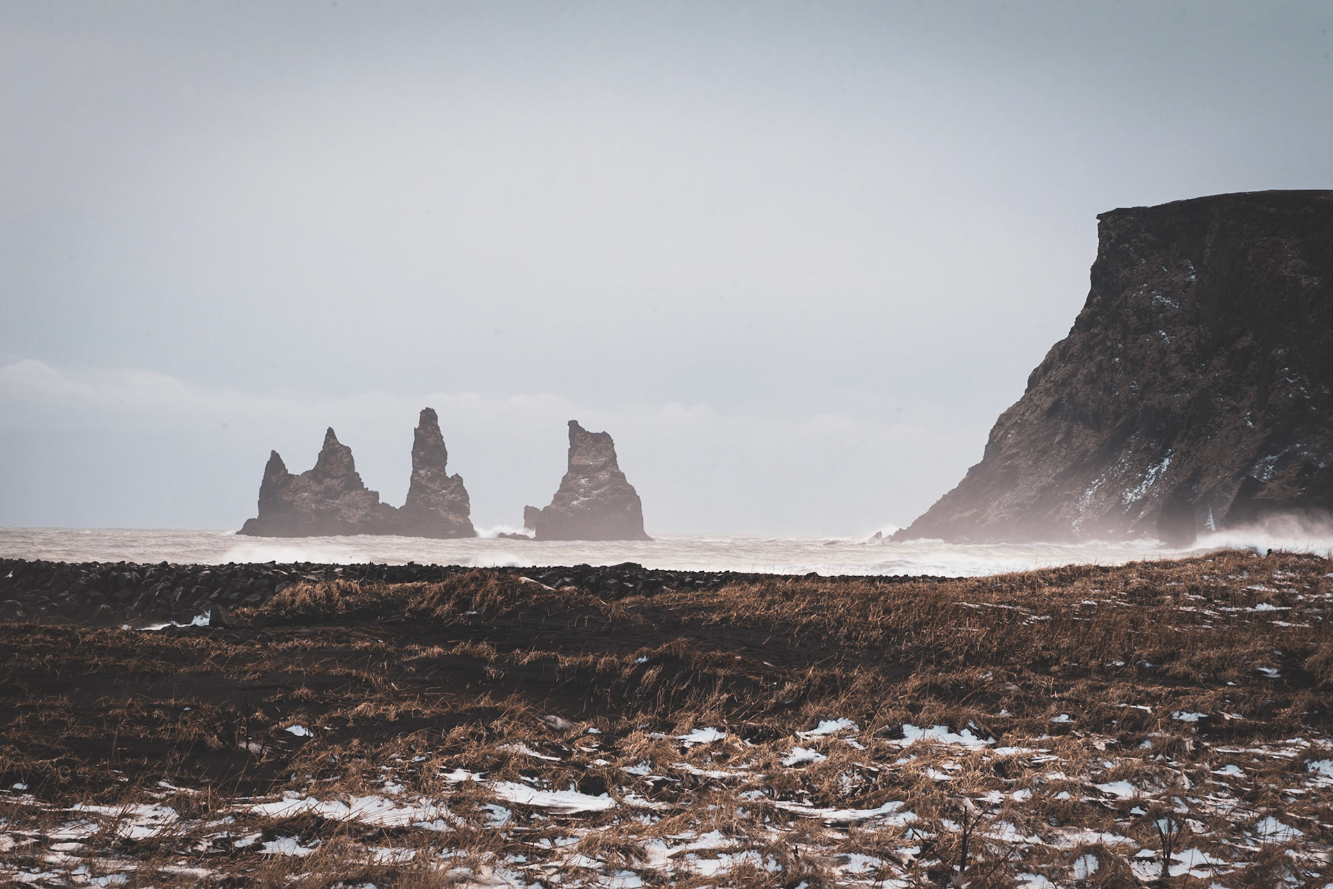 Basalt pillars in the ocean near Vik, Iceland