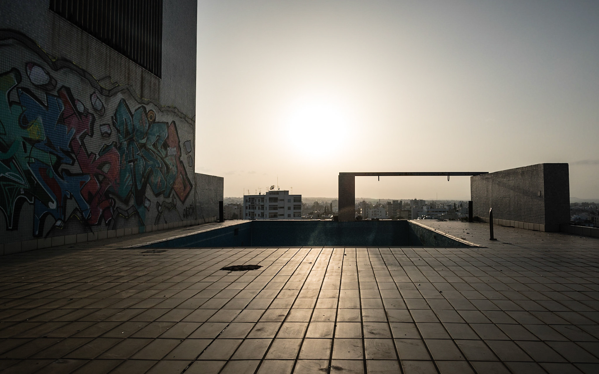 The swimming pool on the roof of an abandoned hotel in Nicosia, Cyprus
