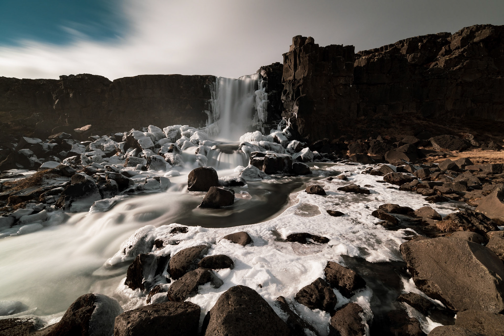 Oxarafoss Waterfall is part of the Golden Circle  at the Thingvellir National Park, Iceland