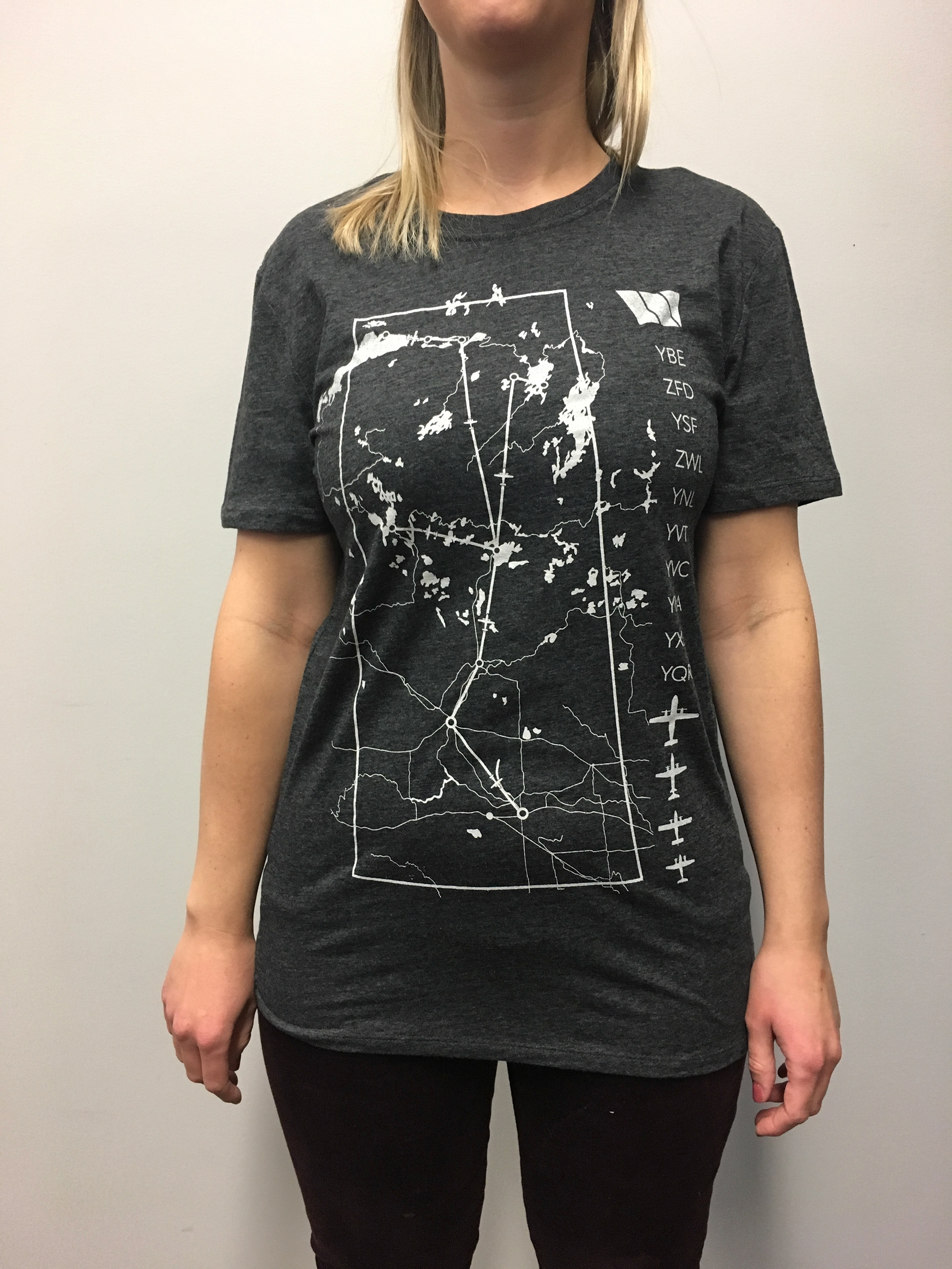 This was the second West wind shirt and featured a map of Saskatchewan showing all of West Winds flight routes, bases, and had a list of aircrafts.