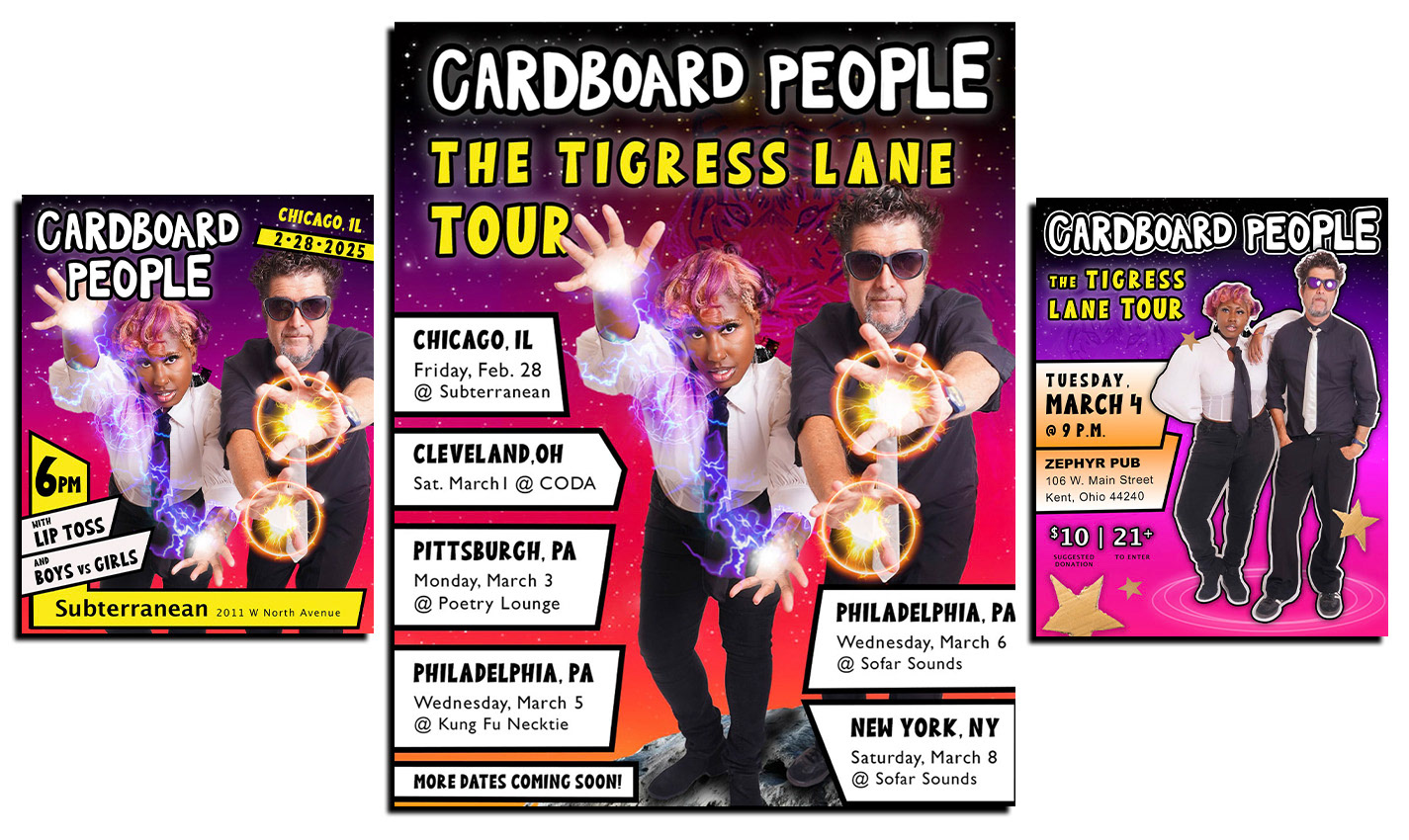 Posters promoting "The Tigress Lane Tour" for international recording group Cardboard People.