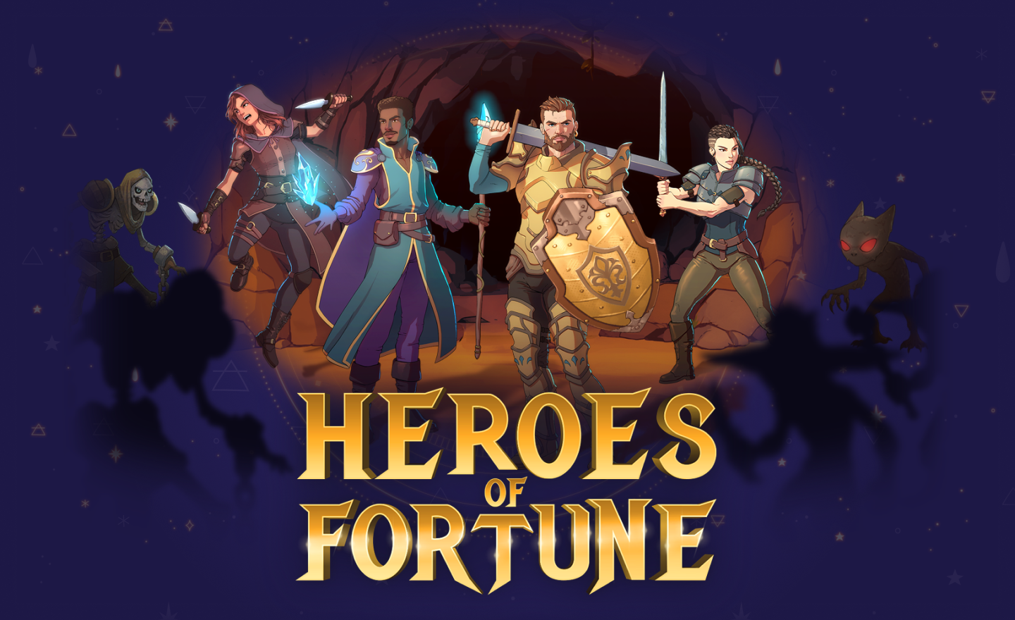 Heroes of Fortune logo in front of a group of characters with distinct features fighting some monsters in a dungeon.