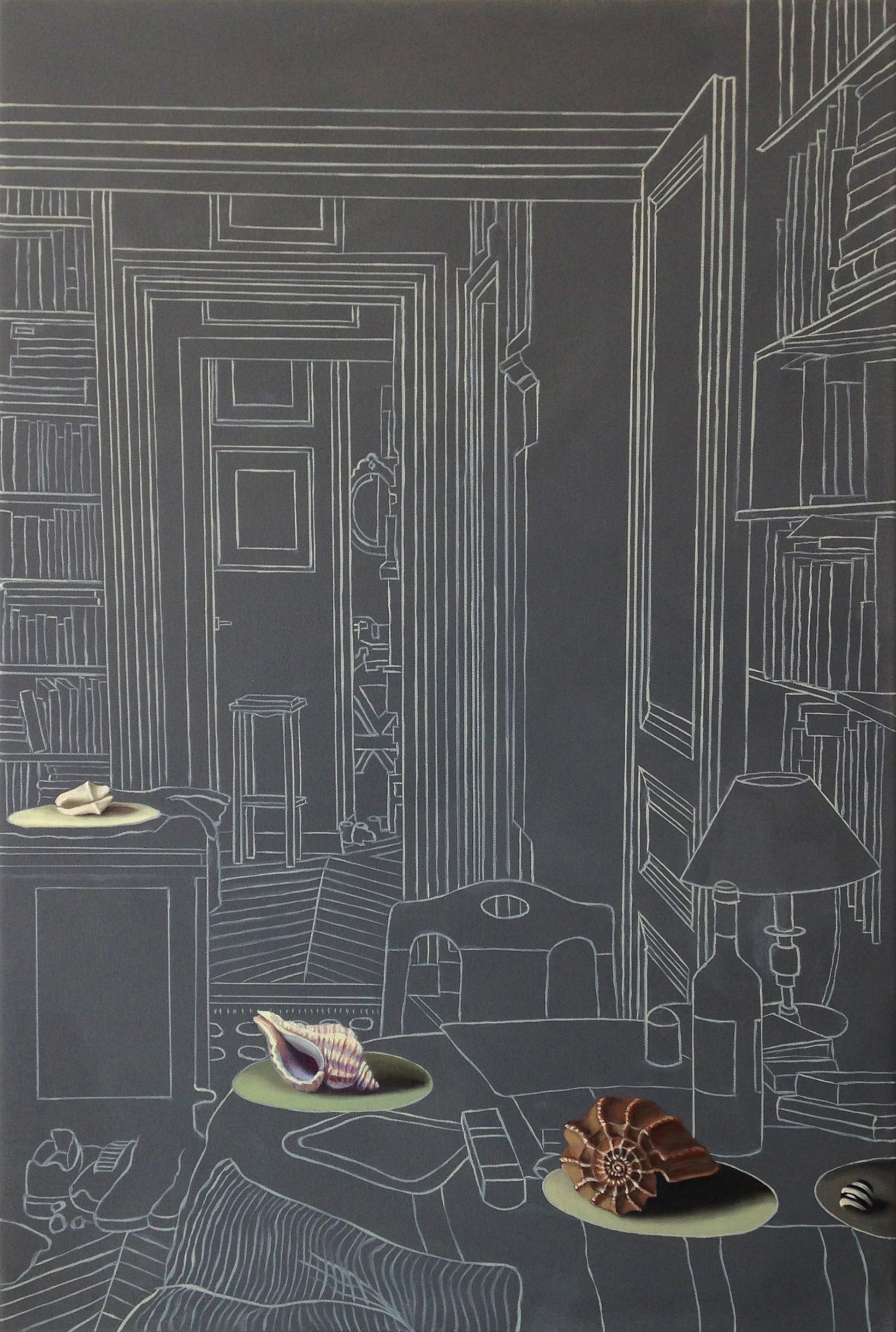 "Intérieur à la table ronde" I, série "Options", huile sur toile, 81 x 54 cm