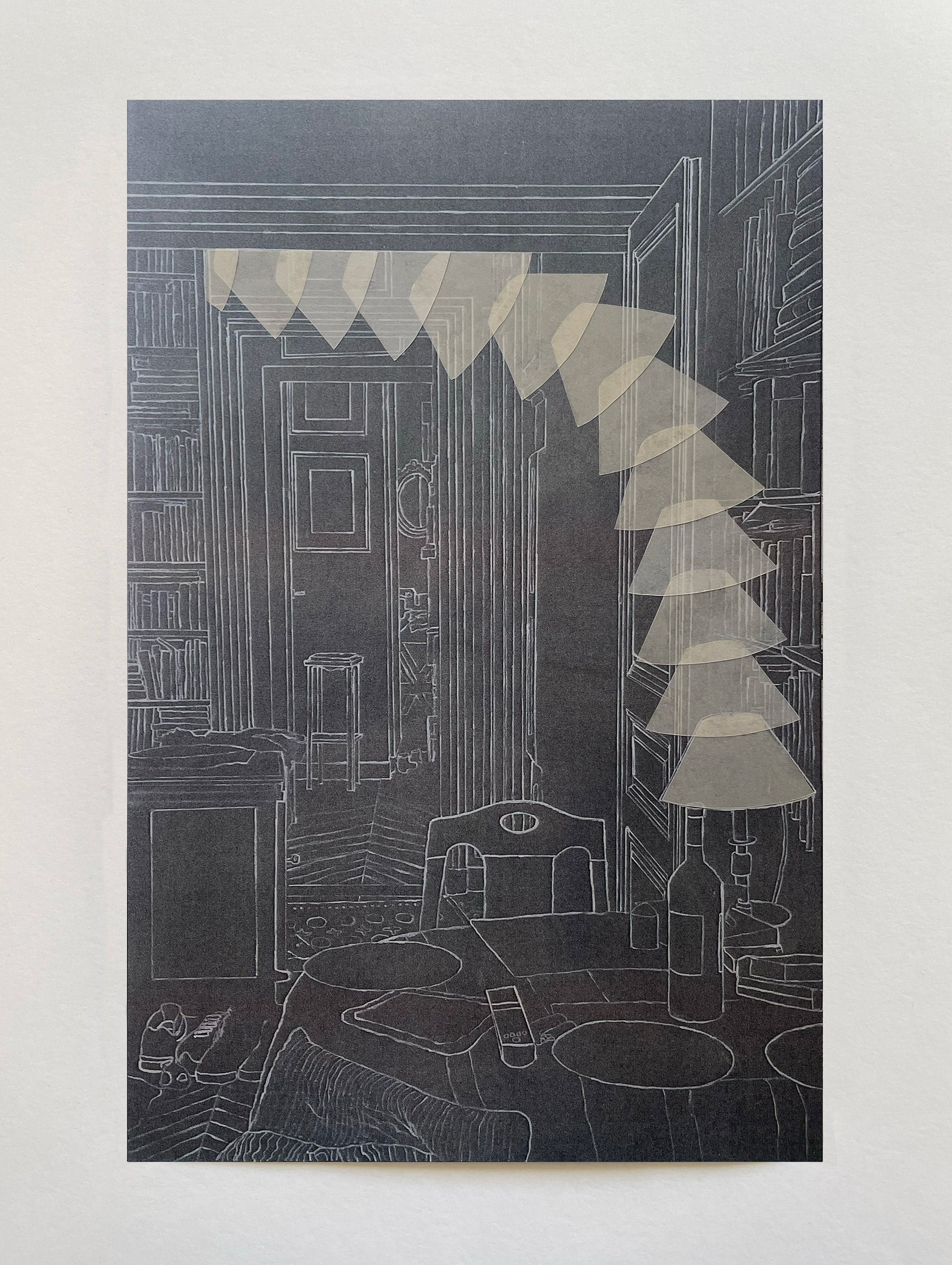 "Intérieur à la table ronde" VIII, série "Options", technique mixte sur papier, 29 x 19 cm