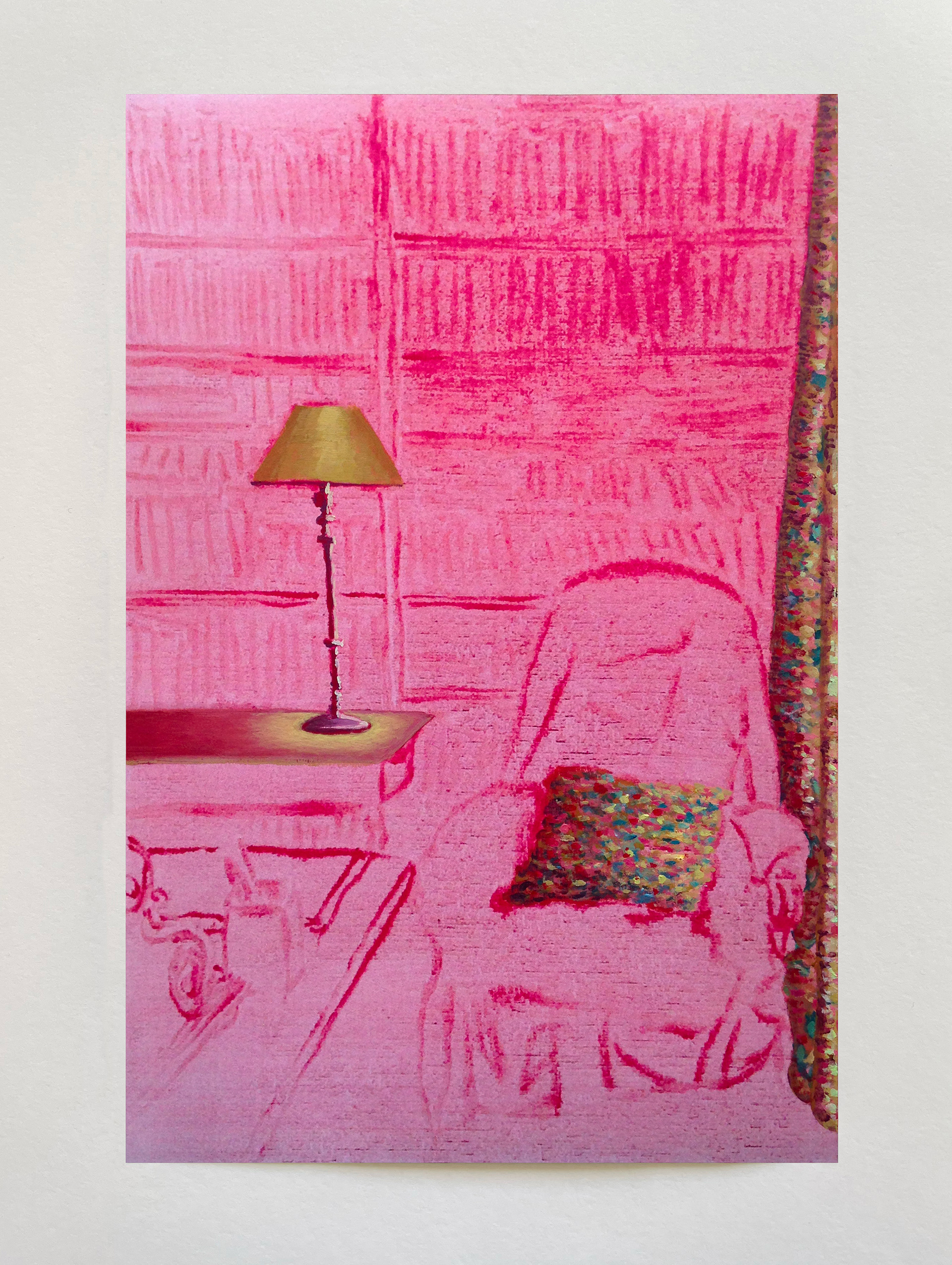 "Intérieur au fauteuil rose" VI, série "Options", technique mixte sur papier, 29 x 19 cm