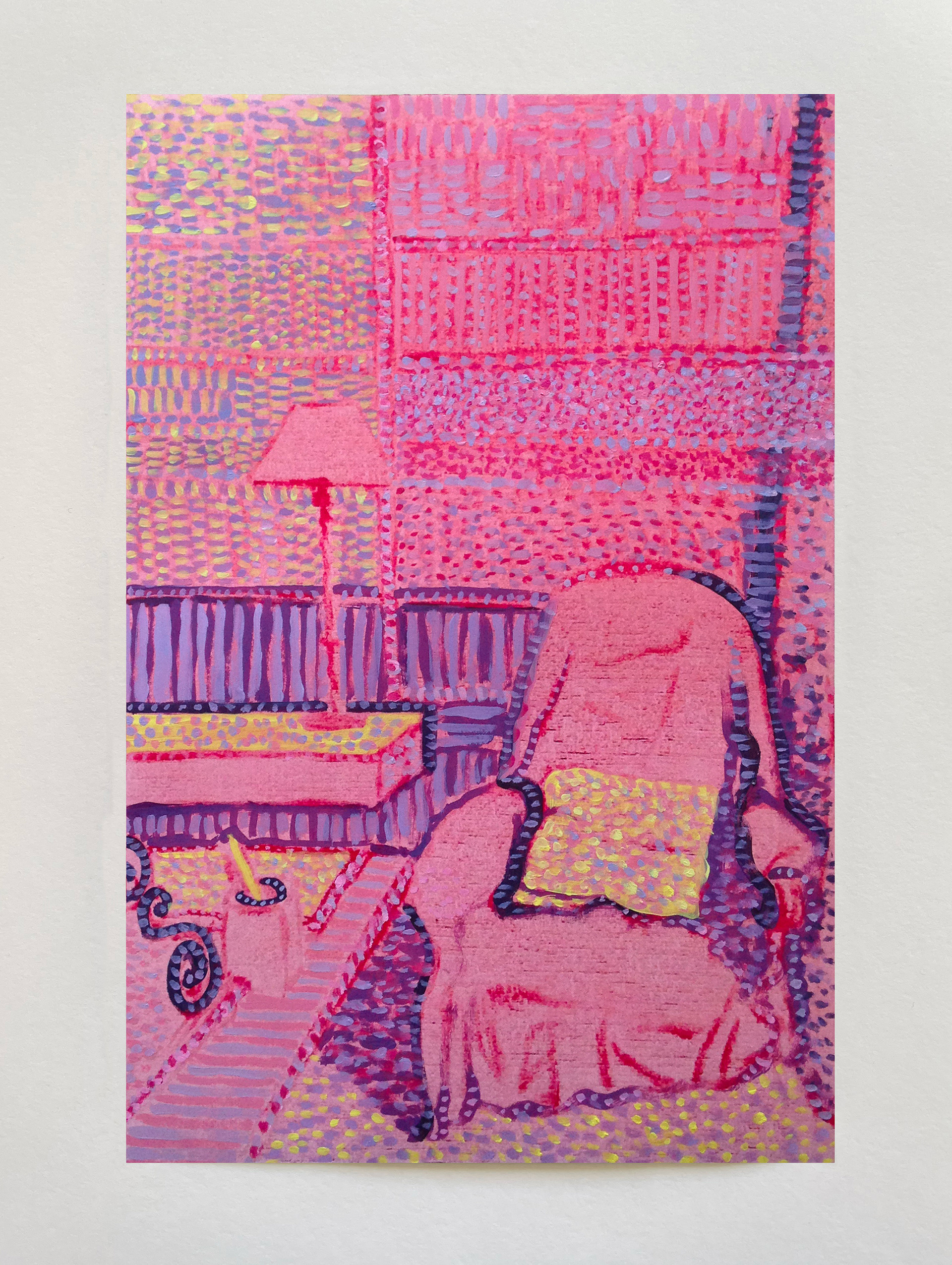 "Intérieur au fauteuil rose" II, série "Options", technique mixte sur papier, 29 x 19 cm